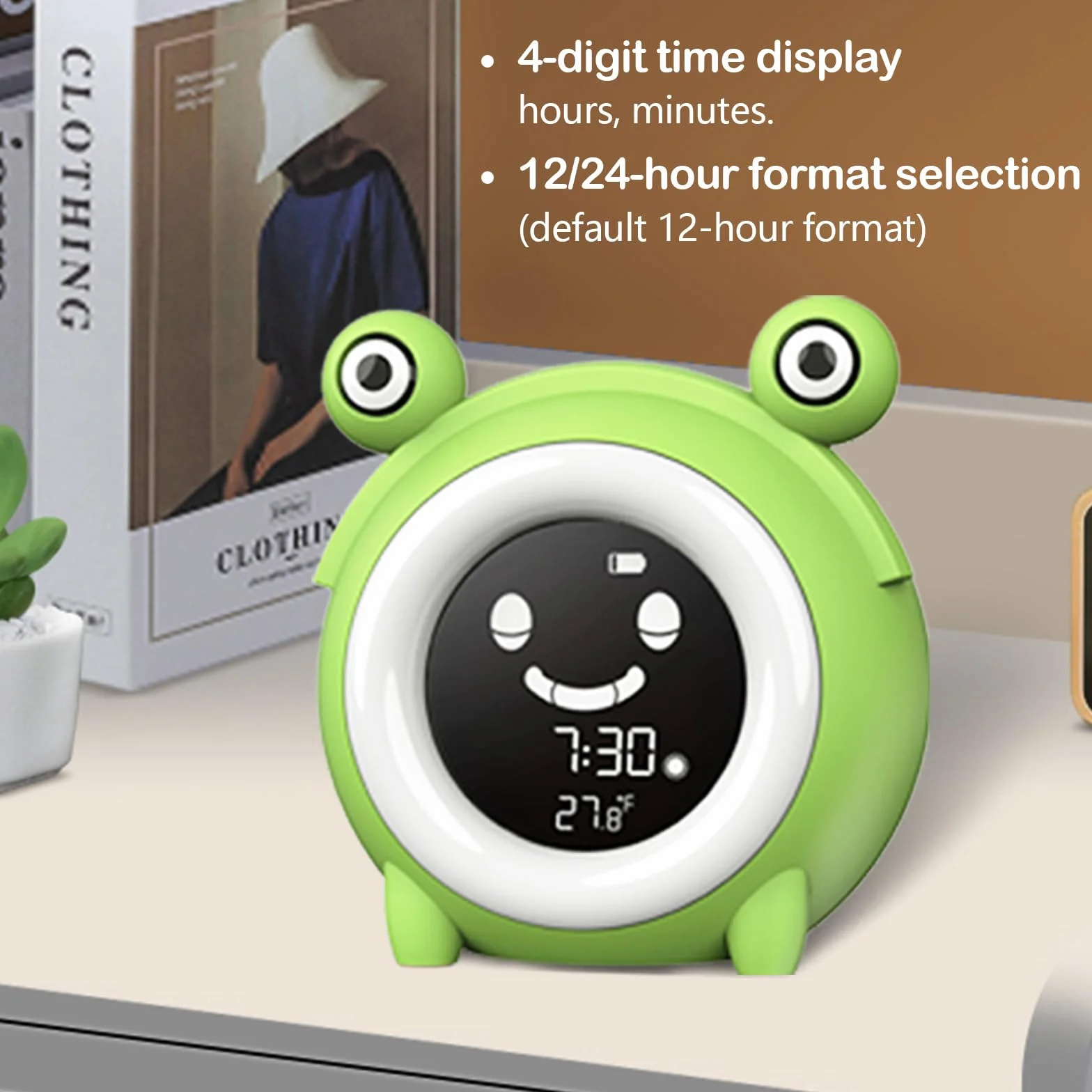 Réveil Enfant Éducatif Jour Nuit avec Emoji, Lampe de Chevet LED 5 Couleurs, Musique, Température, Snooze pour 2-10 Ans