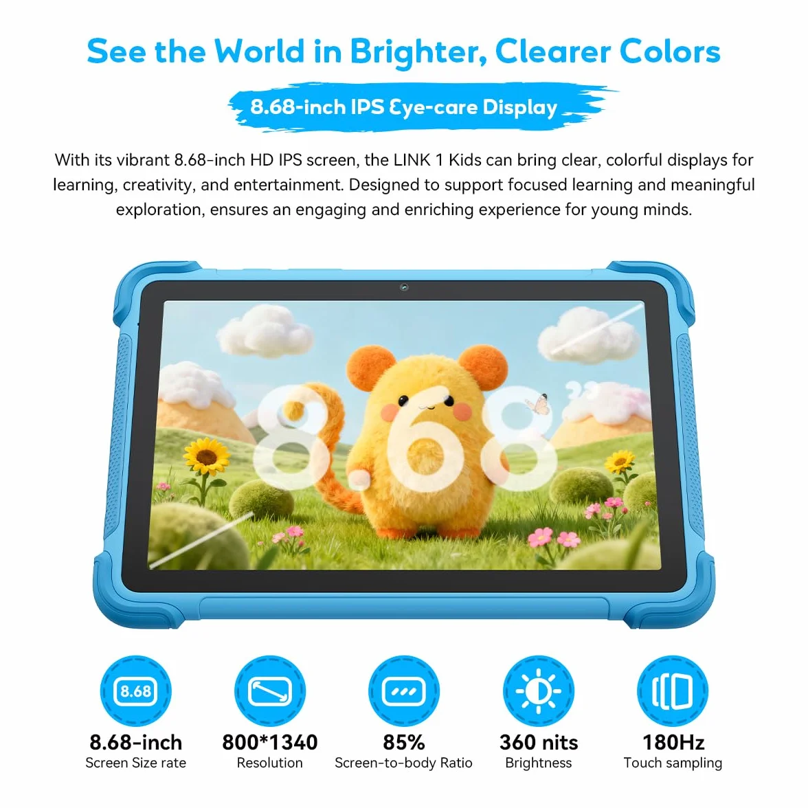 Blackview Link 1 Kids, Tablette Enfant Android 16 AI, 12GB+64GB (2TB Externe), 3 Assistances AI Intelligentes, 8,68'' HD+, 5MP+8MP, Google Kids Space+Contrôle Parental, Haut-parleurs Dual Box, Bleu