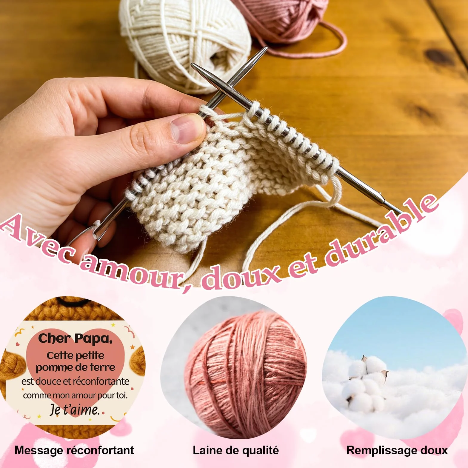 Peluche Patate Tricotée avec Carte et Porte-Clés, Cadeau Papa Anniversaire Fête des Pères Noël