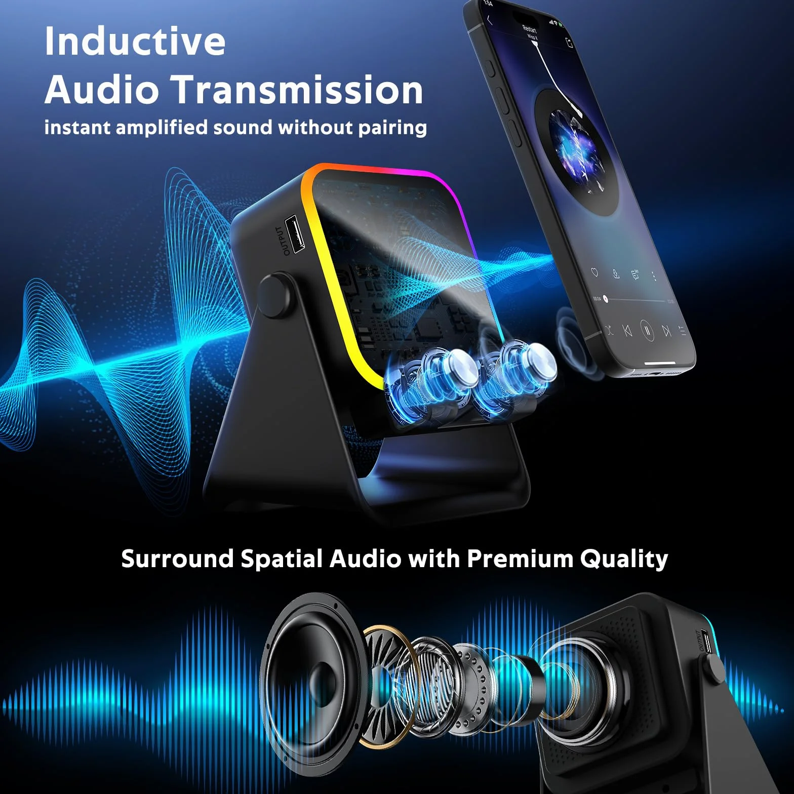 Enceinte Bluetooth à Induction avec Support Téléphone, Cadeau Fête des Pères Homme Original Utile