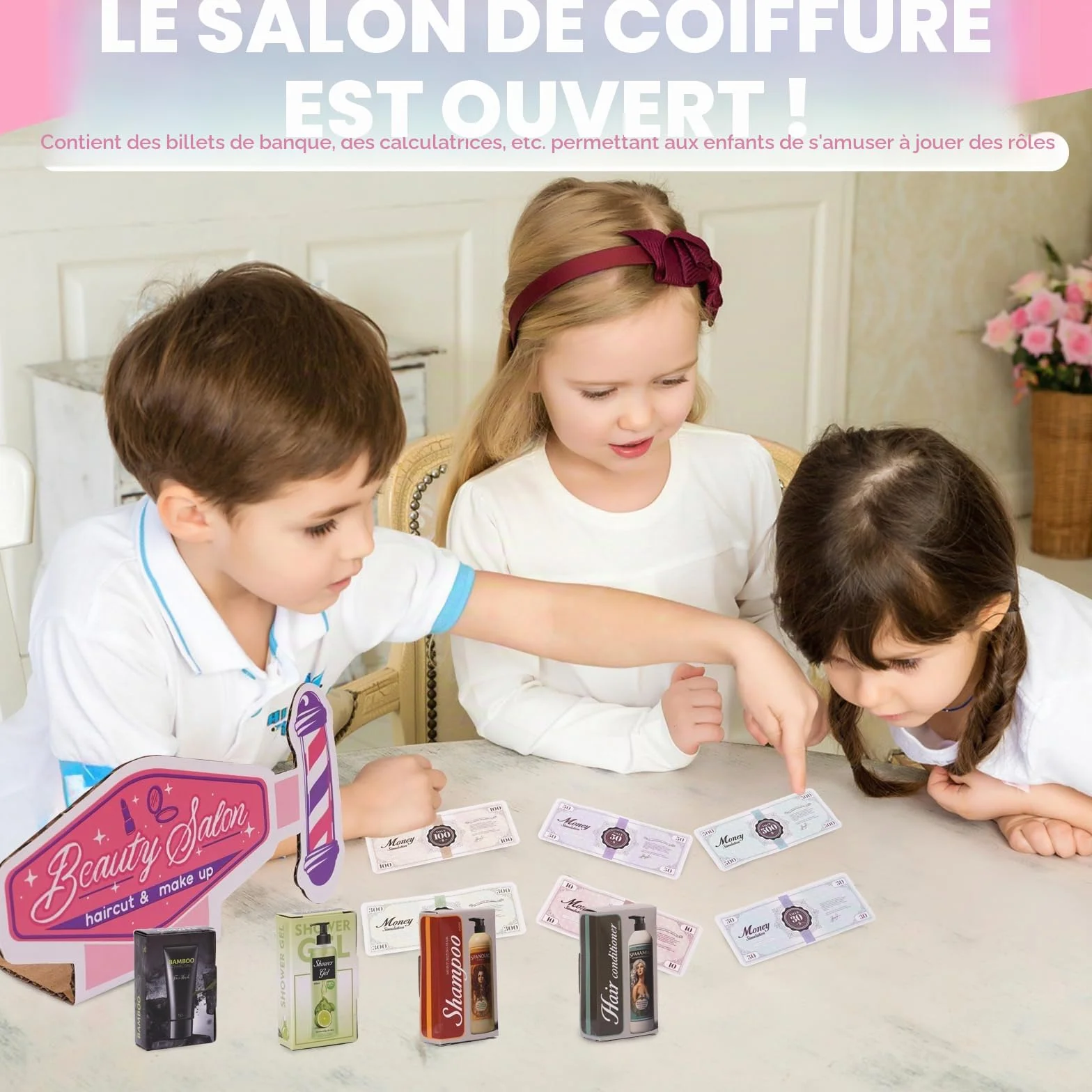 Coffret de Coiffure Rose pour Enfants, Sèche-Cheveux, Lisseur, Peigne, Jeu de Rôle, Cadeau Fille 3 Ans+