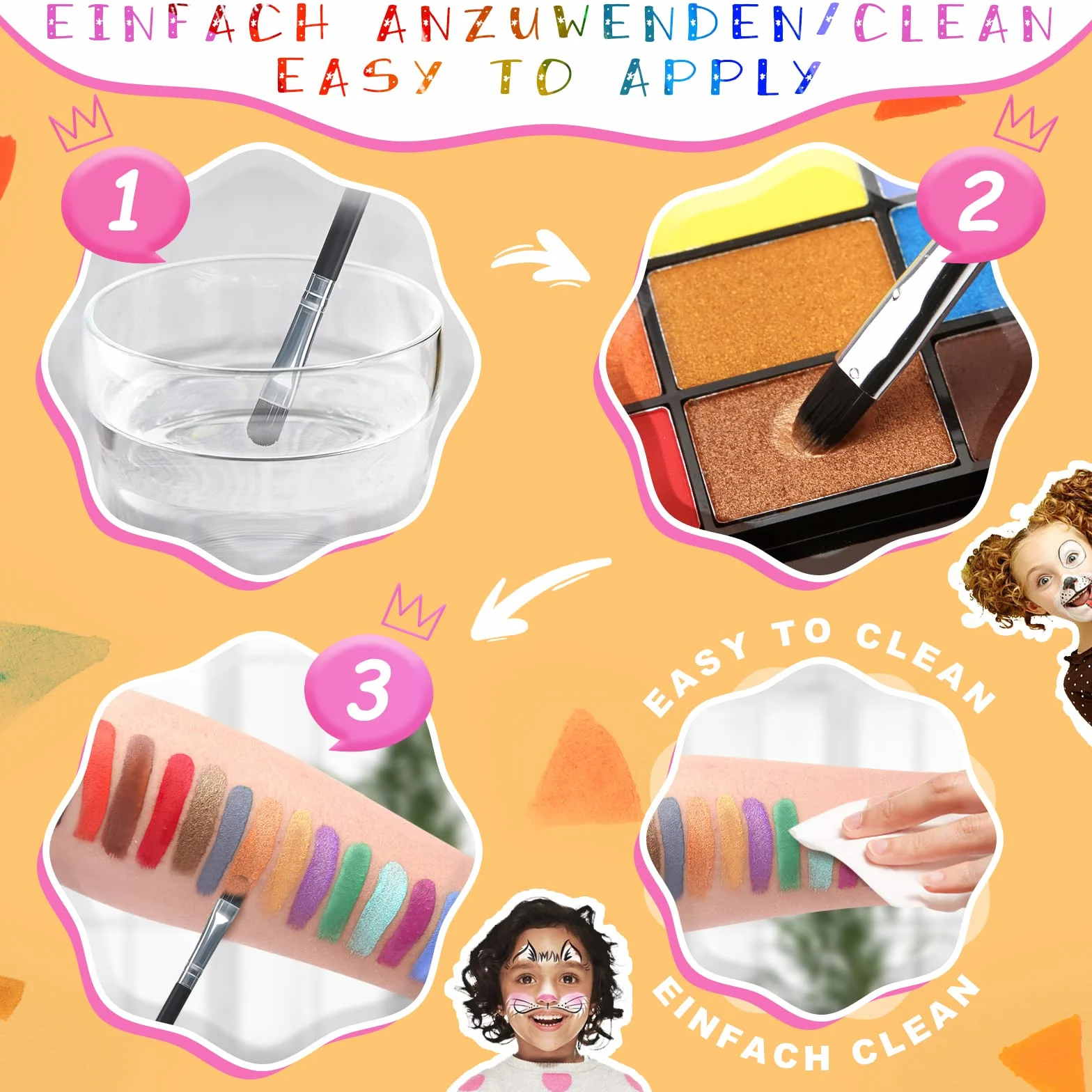 Janolia Palette Maquillage Enfant 18 Couleurs Peinture Visage avec 2 Pinceaux Kit Maquillage Carnaval Halloween