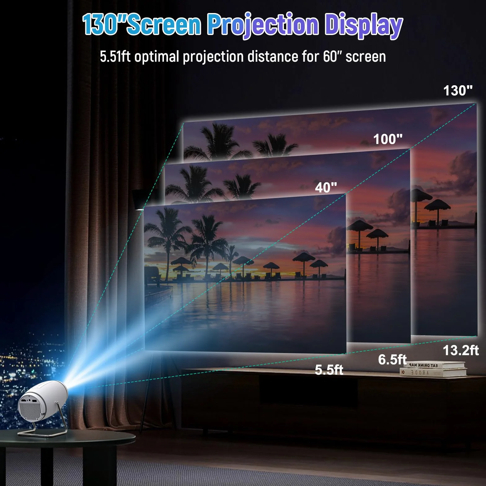 Vidéoprojecteur 4K Mini Projecteur Portable WiFi 6 BT 5.4, Auto Keystone, 130 Pouces, 180° Rotation HDMI/USB/PS5