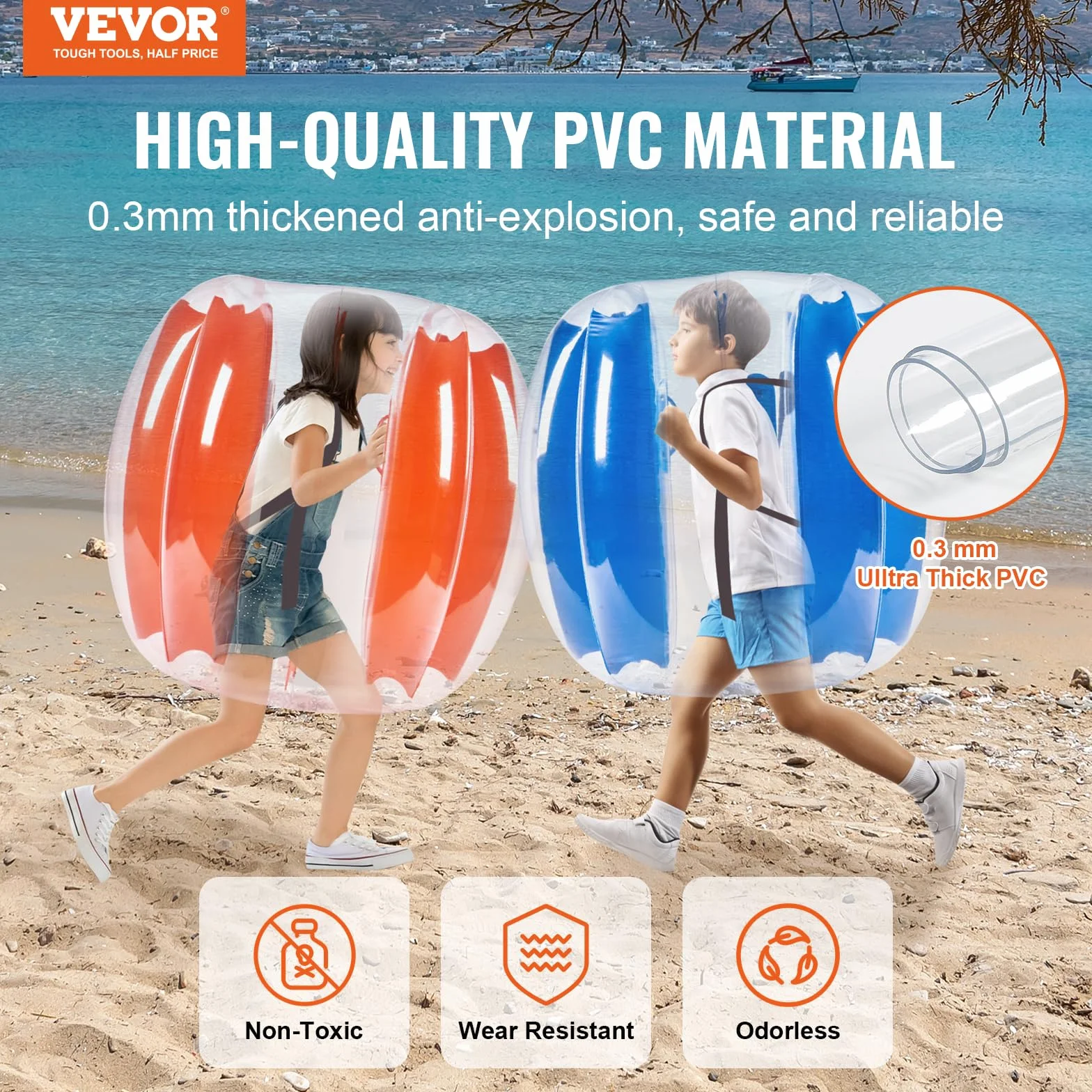 VEVOR Bulle Gonflable 0,9 m Diamètre 2PCs, Balle Pare-Chocs PVC 0,3 mm pour Enfants Adolescents, Jeux Plein Air Rouge Bleu
