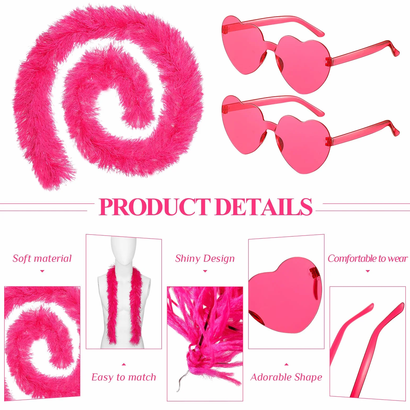 Sinmoe Boas en Plumes et Lunettes de Soleil en Forme de Cœur Ensemble de 16 Pièces pour Fête Mariage