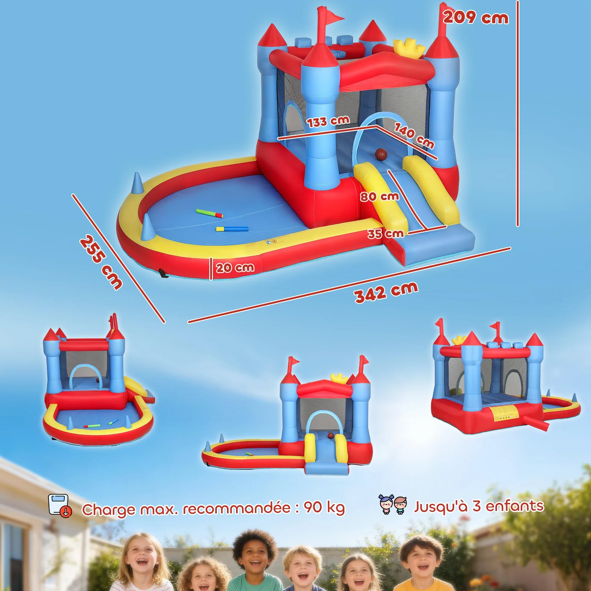 AIYAPLAY Château gonflable avec souffleur, parc aquatique, toboggans, trampoline, piscine à balles, 342x255x209cm