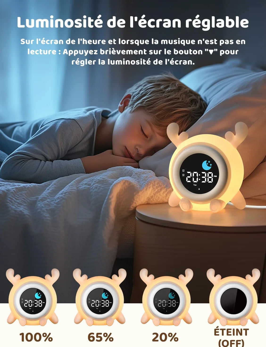 YISSVIC Réveil Enfant Educatif Jour/Nuit 2 Alarme 12/24 Heure Snooze Luminosité Réglable 7 Couleurs 10 Chansons