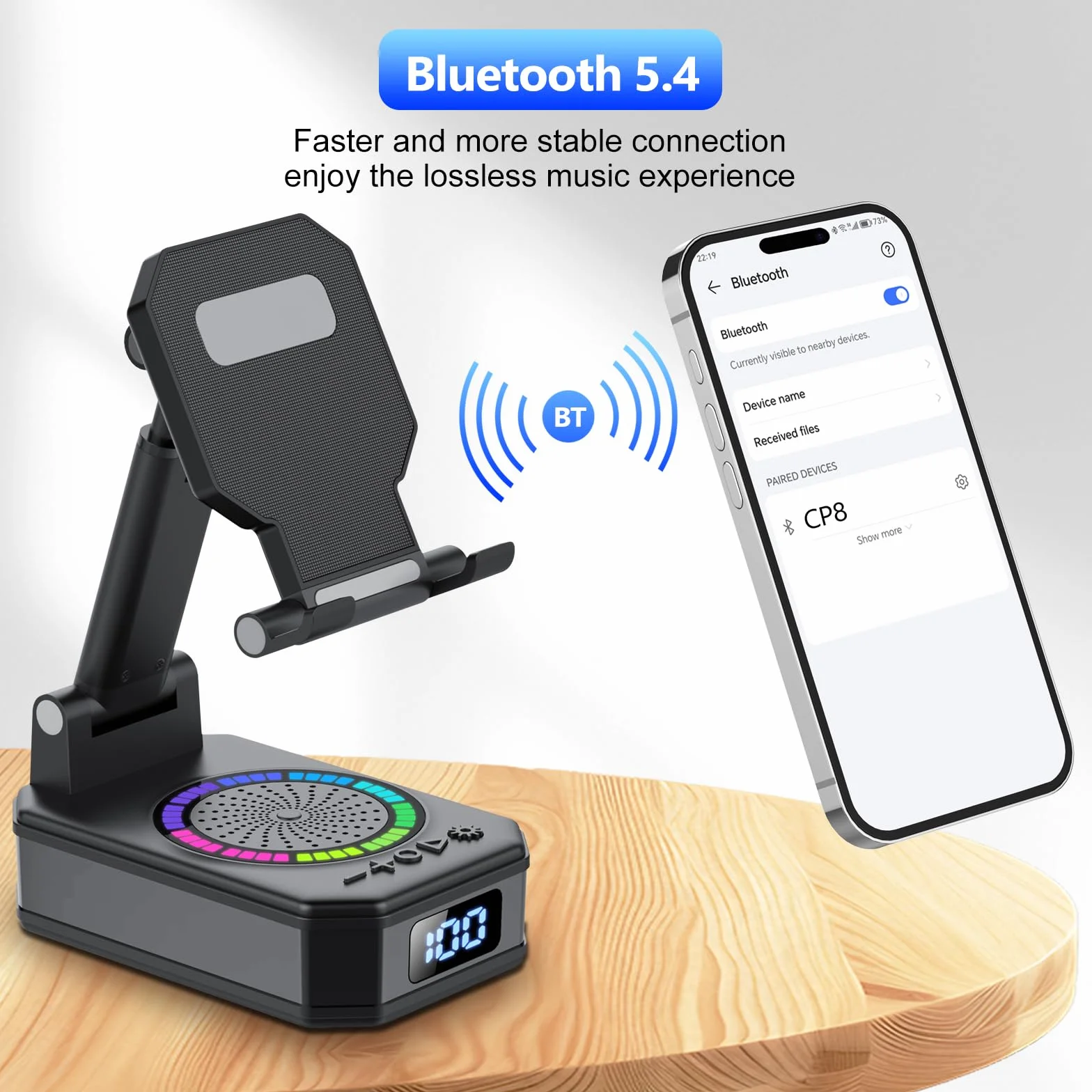 Enceinte Bluetooth 4-en-1 avec Support Téléphone, Recharge Pliable, 7 RGB, Cadeau Homme Fête des Pères