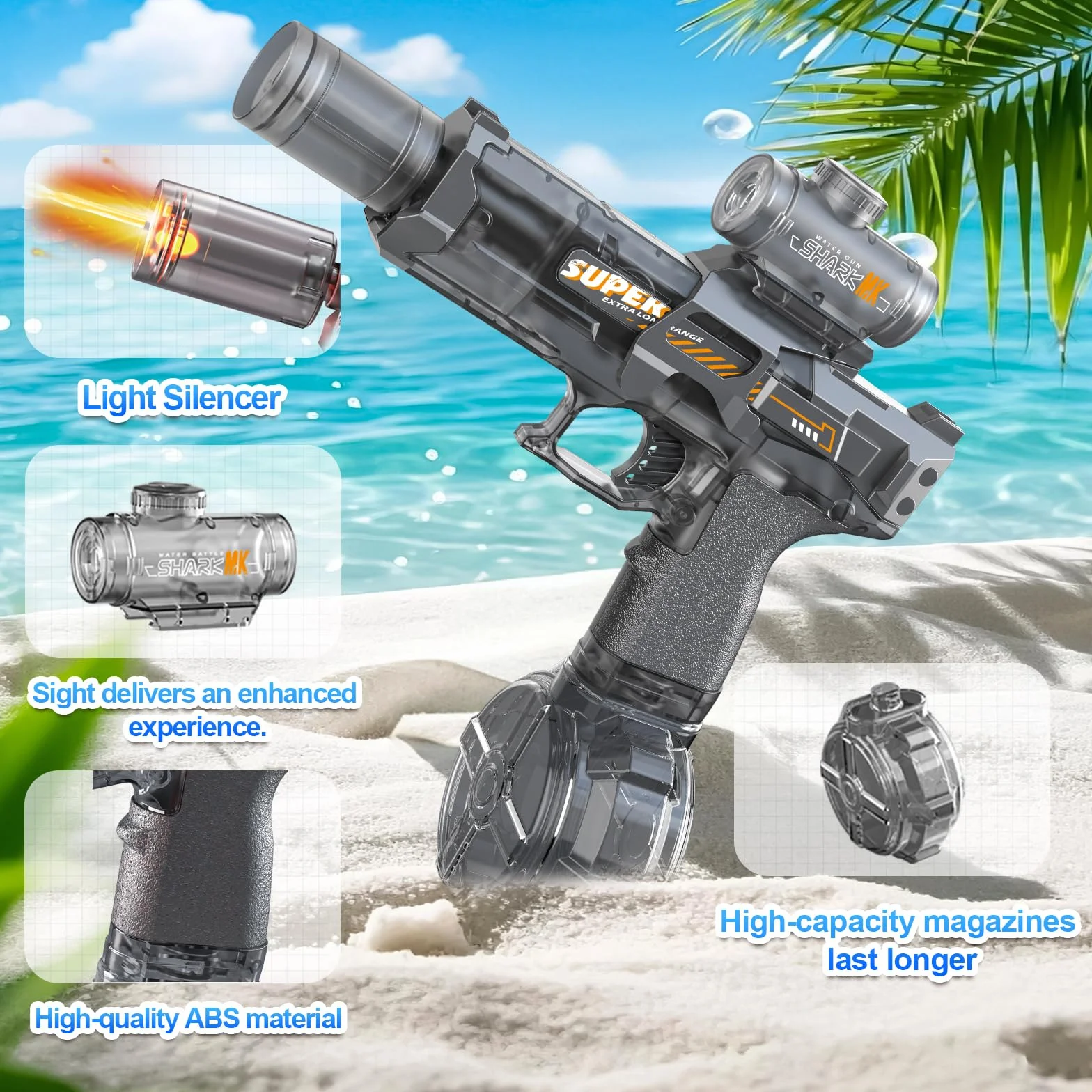 Pistolet à Eau Électrique pour Enfants, Longue Portée, avec Lampe LED, Jouet de Piscine, Cadeau (Noir)