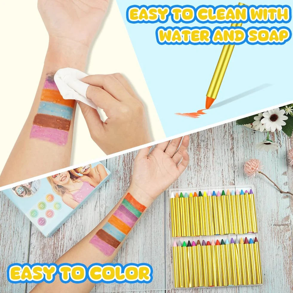 Beugo 36 Couleurs Crayon Maquillage Enfant Visage Peinture avec 30 Pochoirs Non-Toxique Lavable