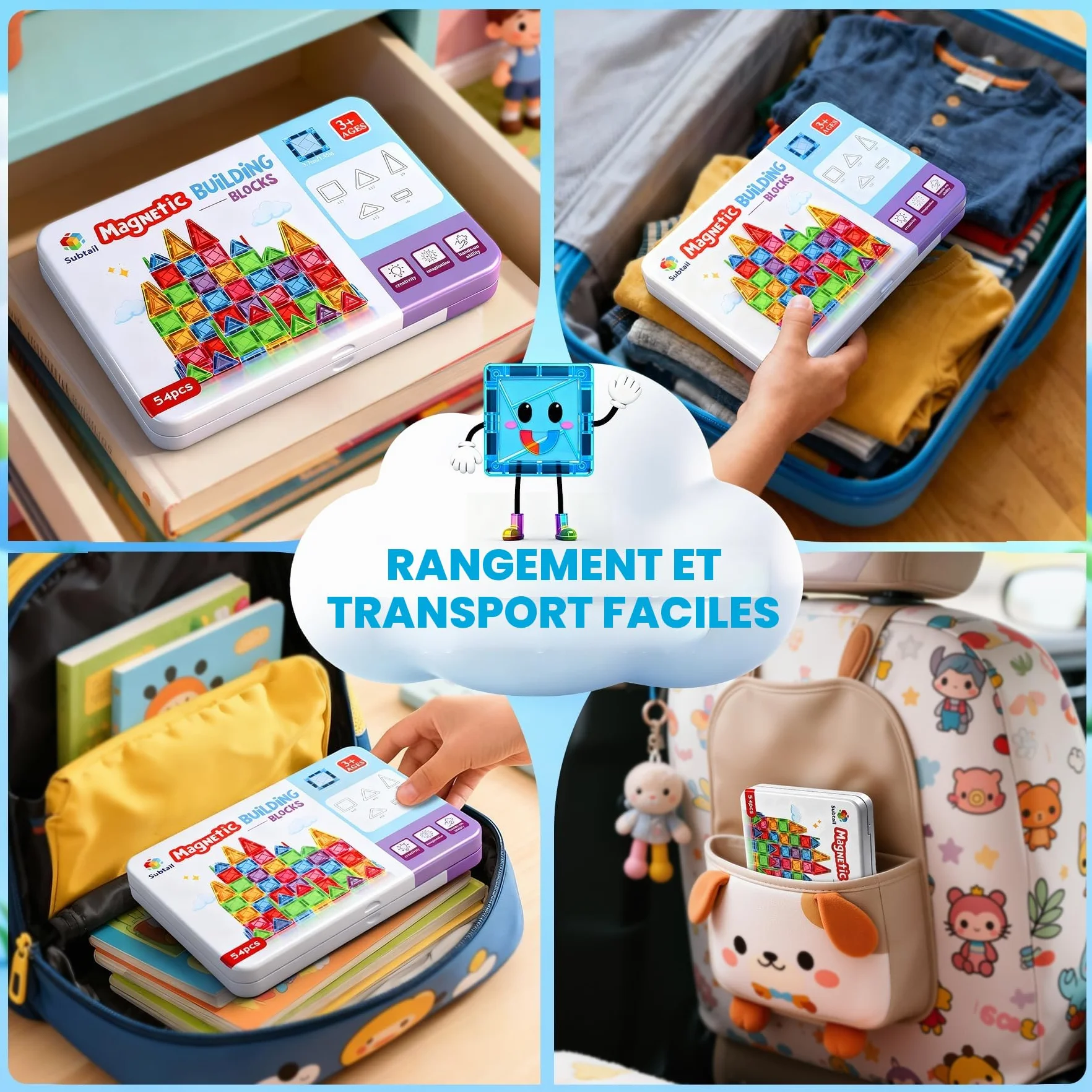 Bloc de Construction Magnetique 54PCS Jouet Cadeau Enfant 3 Ans Blocs Magnetic Tiles Montessori