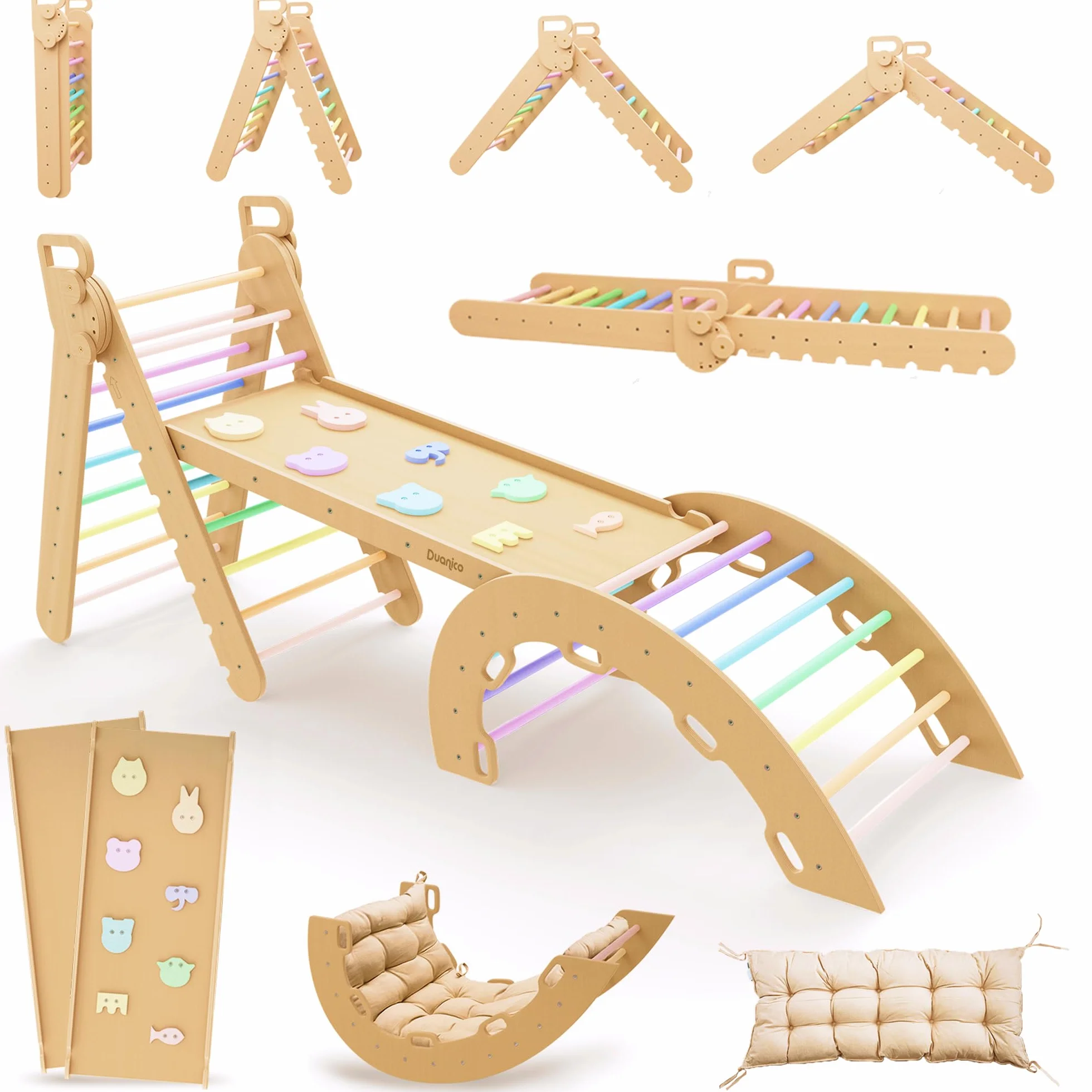 Triangle de Pikler Montessori Large 9en1, 5 Angles Ajustables, Parcours de Motricité Bébé Enfant 1-7 Ans avec Arche Escalade Bois