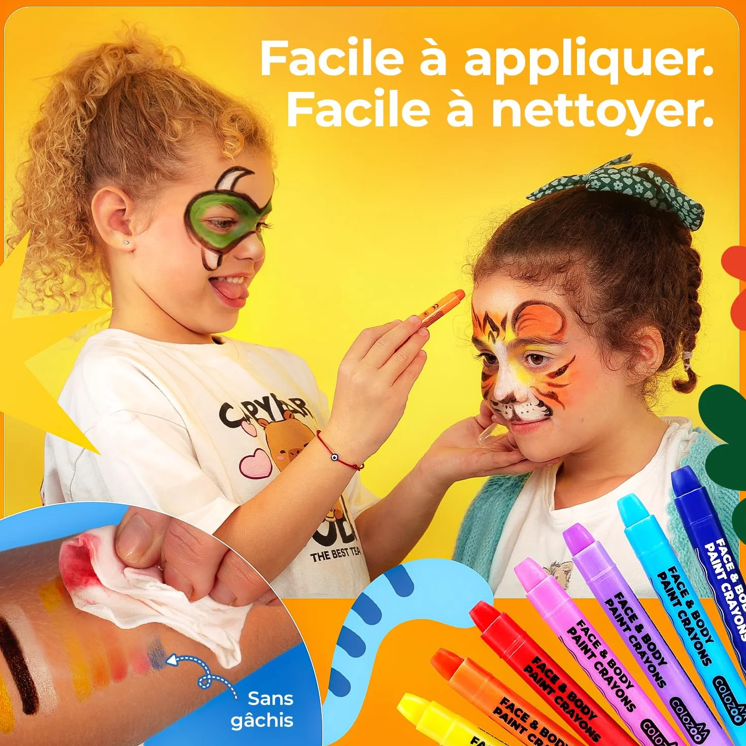 Colozoo Kit de maquillage enfants 20 couleurs crayons visage pinceaux pochoirs face paint