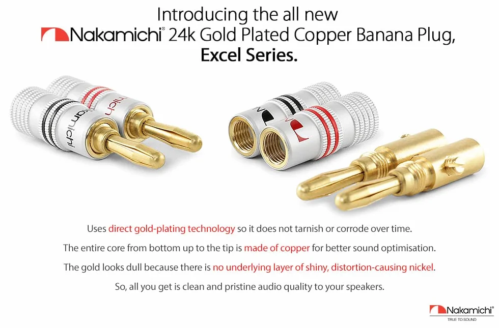 Nakamichi Fiche banane plaquée or 24K 12 AWG - 18 AWG 4 mm pour haut-parleurs Amplificateur Hi-Fi Connecteur à vis 4 pièces
