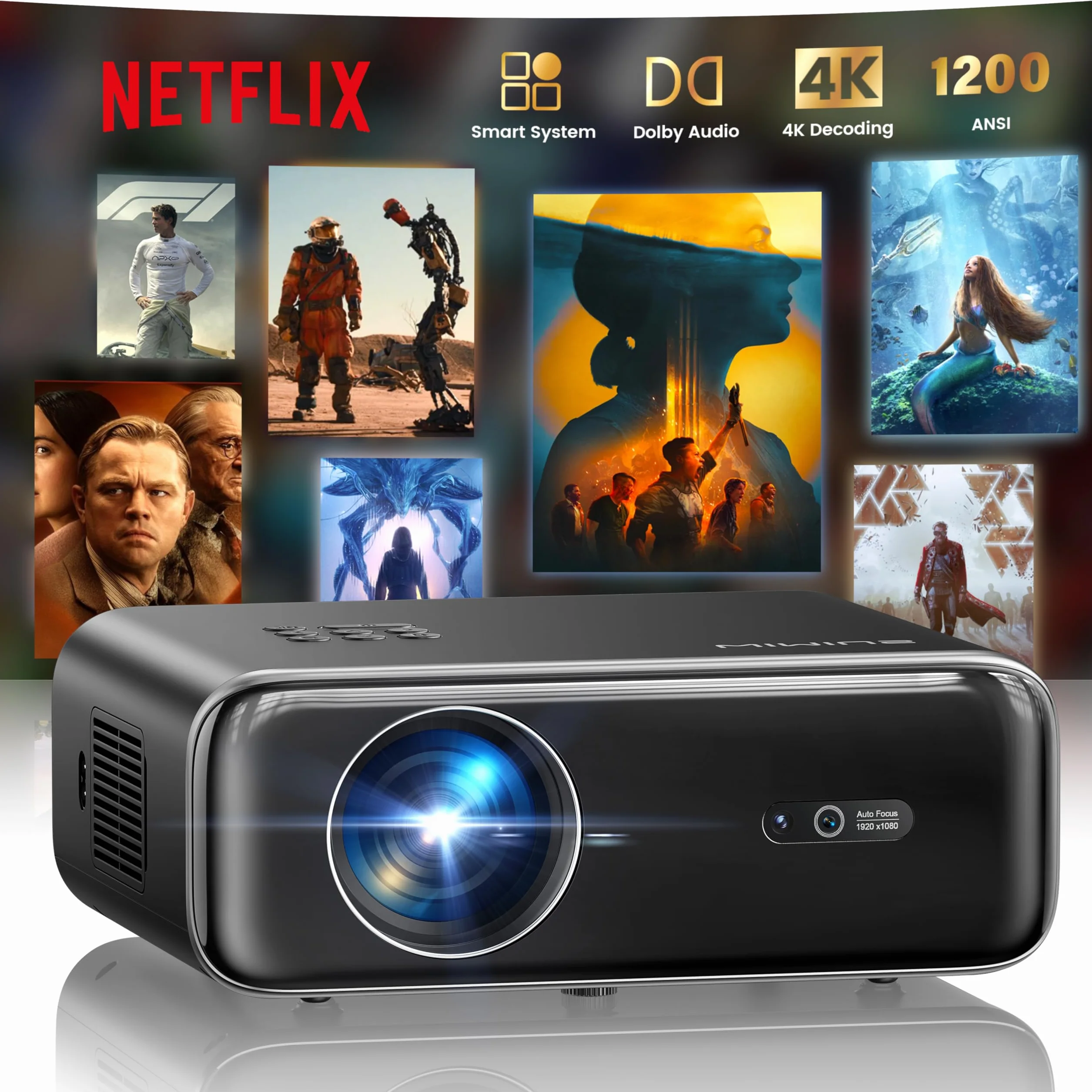 Vidéoprojecteur 4K 1400 ANSI Dolby Netflix Auto Focus Keystone WiFi Bluetooth HDR10 Smart Portable WiFi6