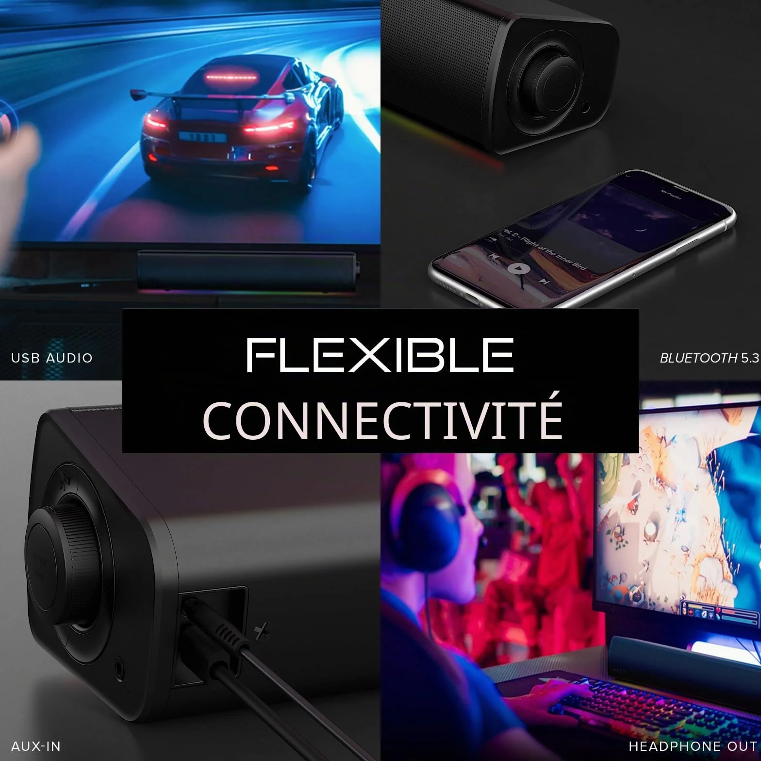 Sound Blaster GS3 Barre de Son de Jeu compacte RVB SuperWide USB Bluetooth 5.4 Sortie Casque PC Mac