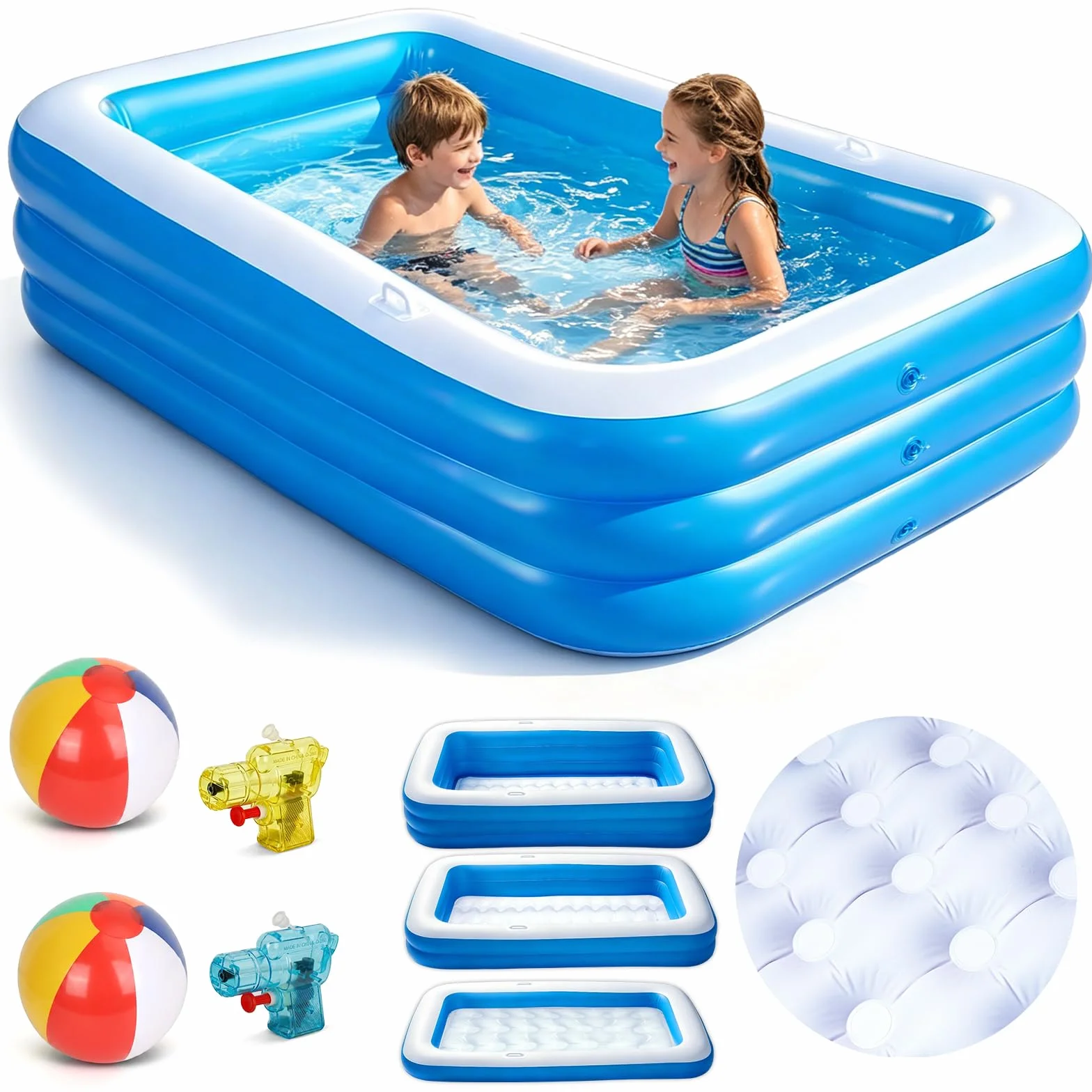 Piscine Gonflable Enfants Rectangulaire avec Ballons et Pistolets à Eau, Pataugeoire pour Jardin Extérieur Été (Bleu)