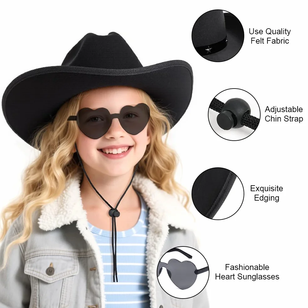 Chapeau de CowBoy pour Enfants 3Pcs avec Étoile Diadème Ficelle Lunettes Coeur Bandana Halloween