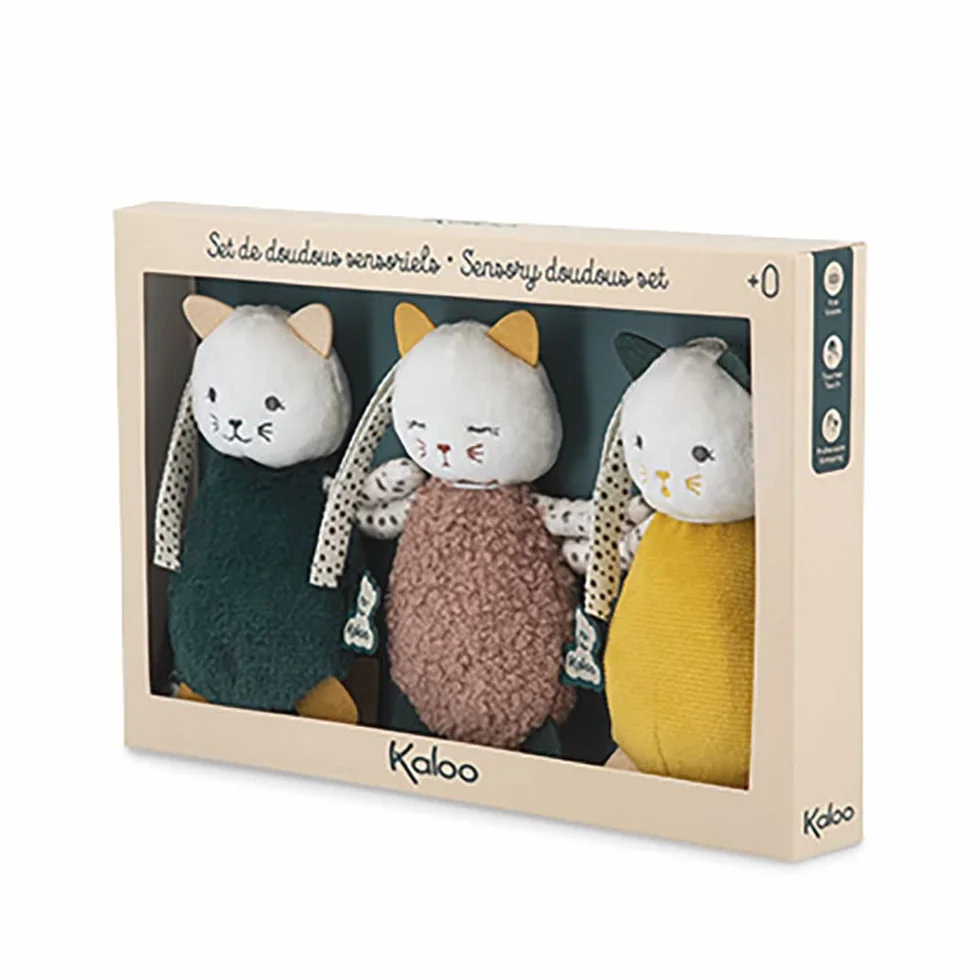 KALOO Stimuli Mes Petits Chats à Caresser Set de 3 Doudous Sensoriels Bébé Jouet d'Eveil Motricité 14 cm Dès la Naissance