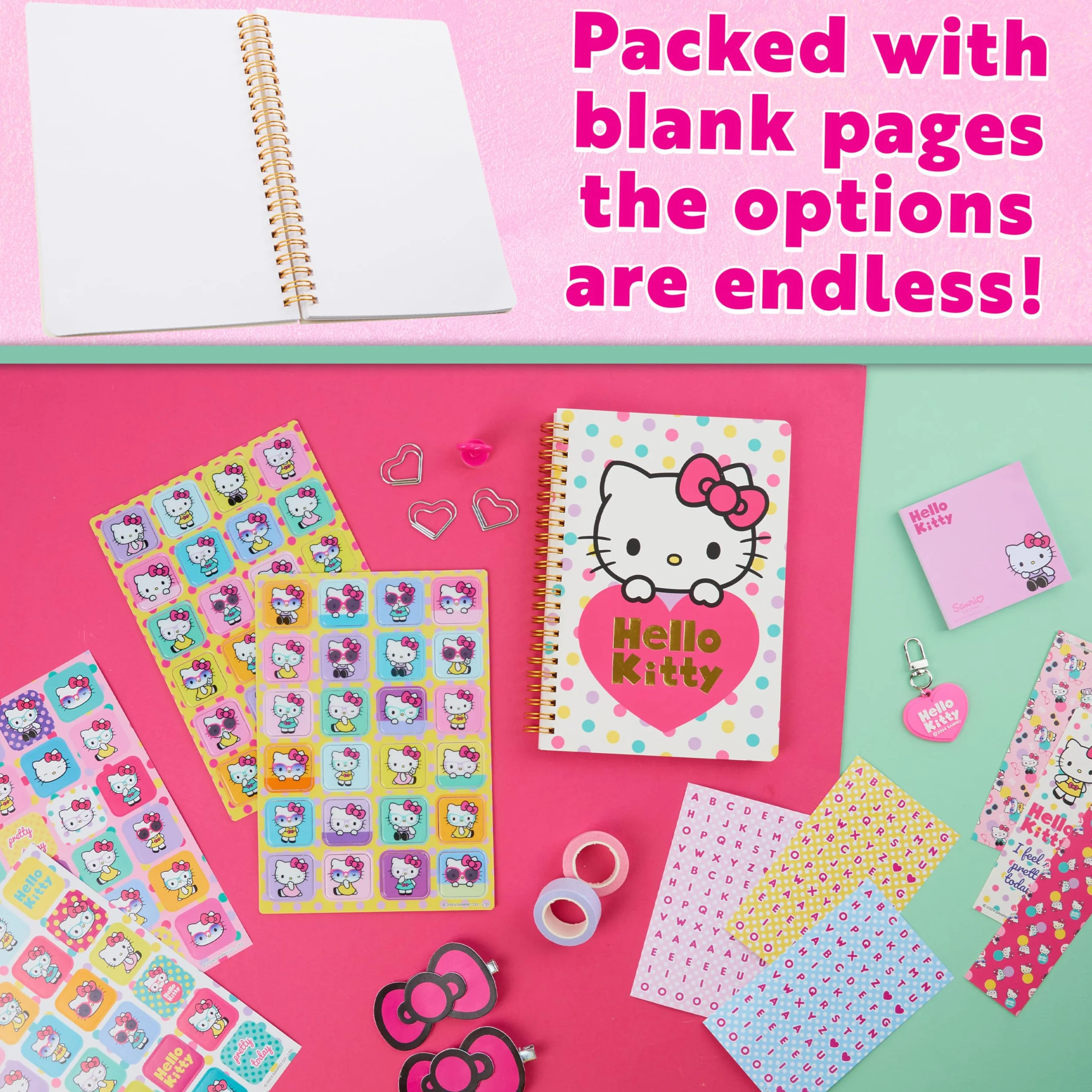 Hello Kitty Journaling Kit DIY pour Fille et Ados, Carnet A5, Autocollants, Porte Clés, Notes Autocollantes (Rose)