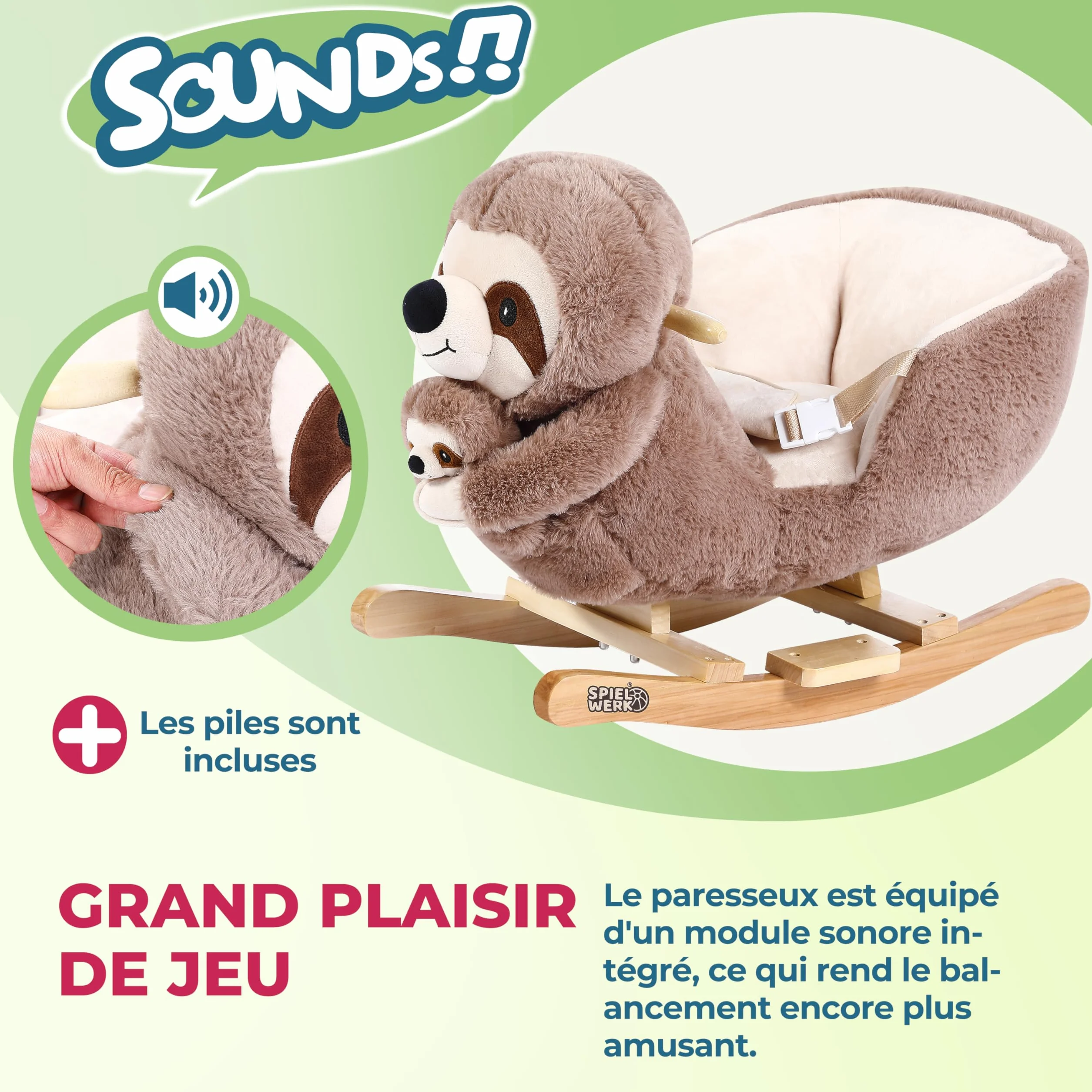 SPIELWERK® Paresseux à Bascule Animal en Peluche avec Ceinture Sécurité et Fonction Sonore