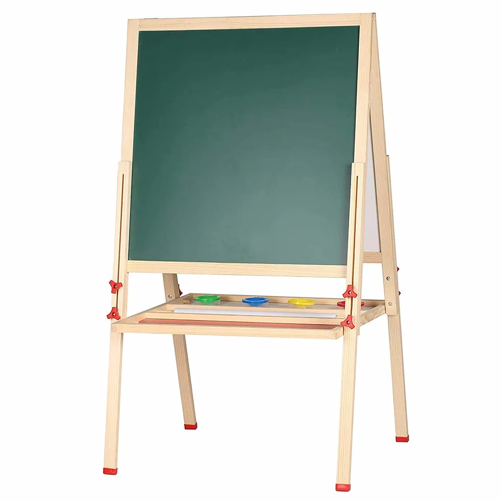 Tableau noir double face Chevalet Enfant en Bois Réglable en Hauteur avec Craie Aimants Jouet Educatif 3+ Ans 57x55x148CM