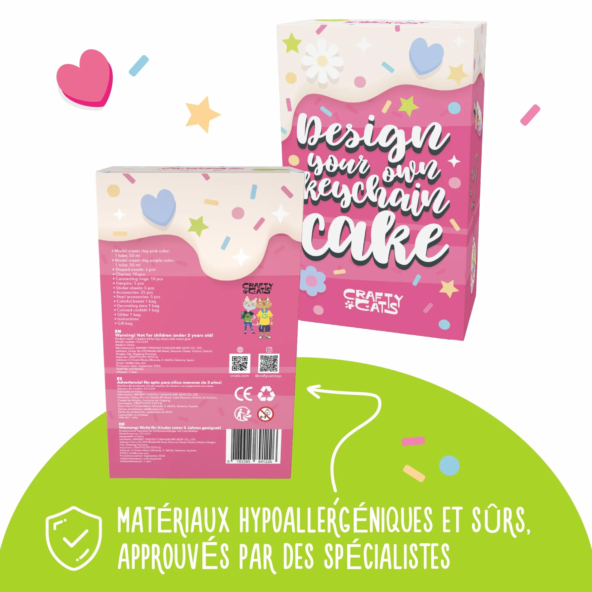 CRAFTY CATS DIY Kit Porte-clés Cupcake et Barrettes 60 pièces, colle crème, charms, anneaux, kits loisirs créatifs enfants