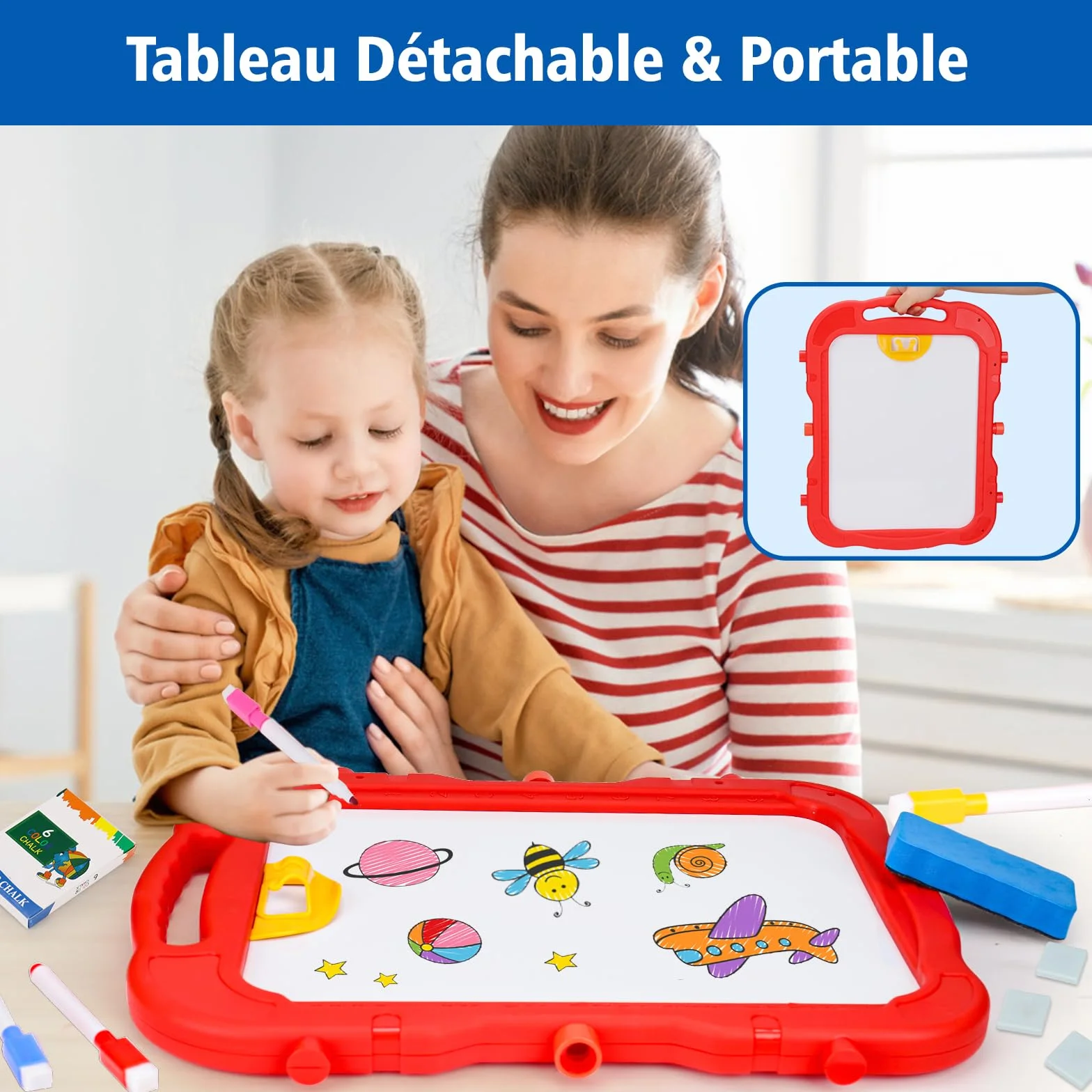 Tableau Enfant Double Face 4 en 1 avec Hauteur Réglable & Rotation 360° Tableau Blanc Noir Magnétique Chevalet Peinture pour Enfants 2-5 Ans (Rouge)