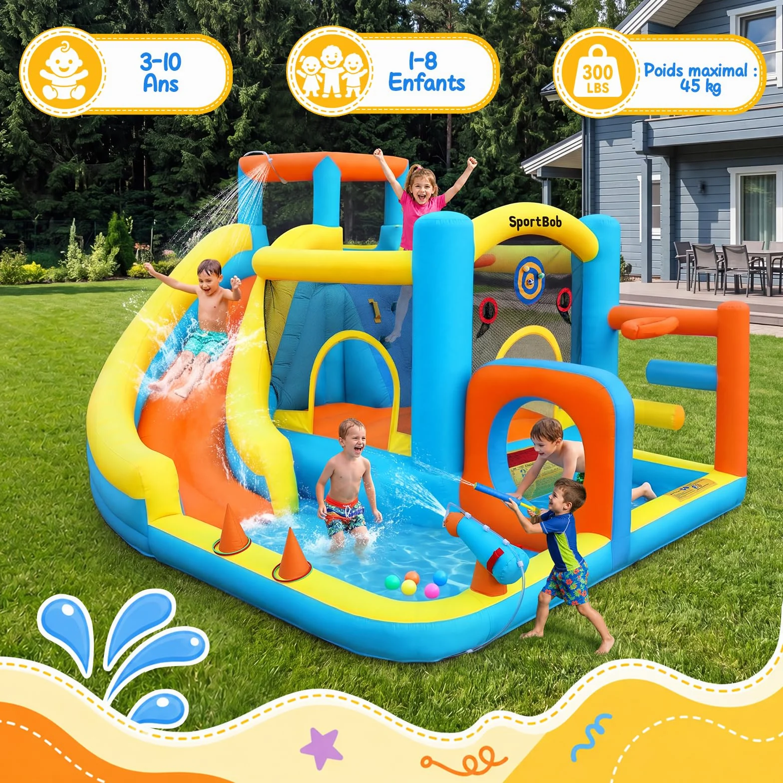 Château Gonflable avec Toboggan Aquatique, Piscine à Balles, Mur d'escalade, Souffleur Inclus, Intérieur/Extérieur