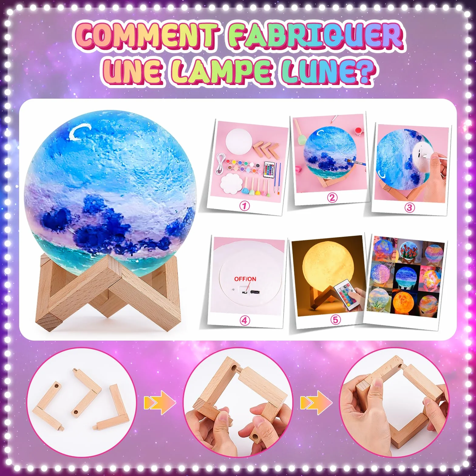 Kit de Peinture Lampe Lune Veilleuse Cadeau Anniversaire Fille Garcon 3-12 Ans