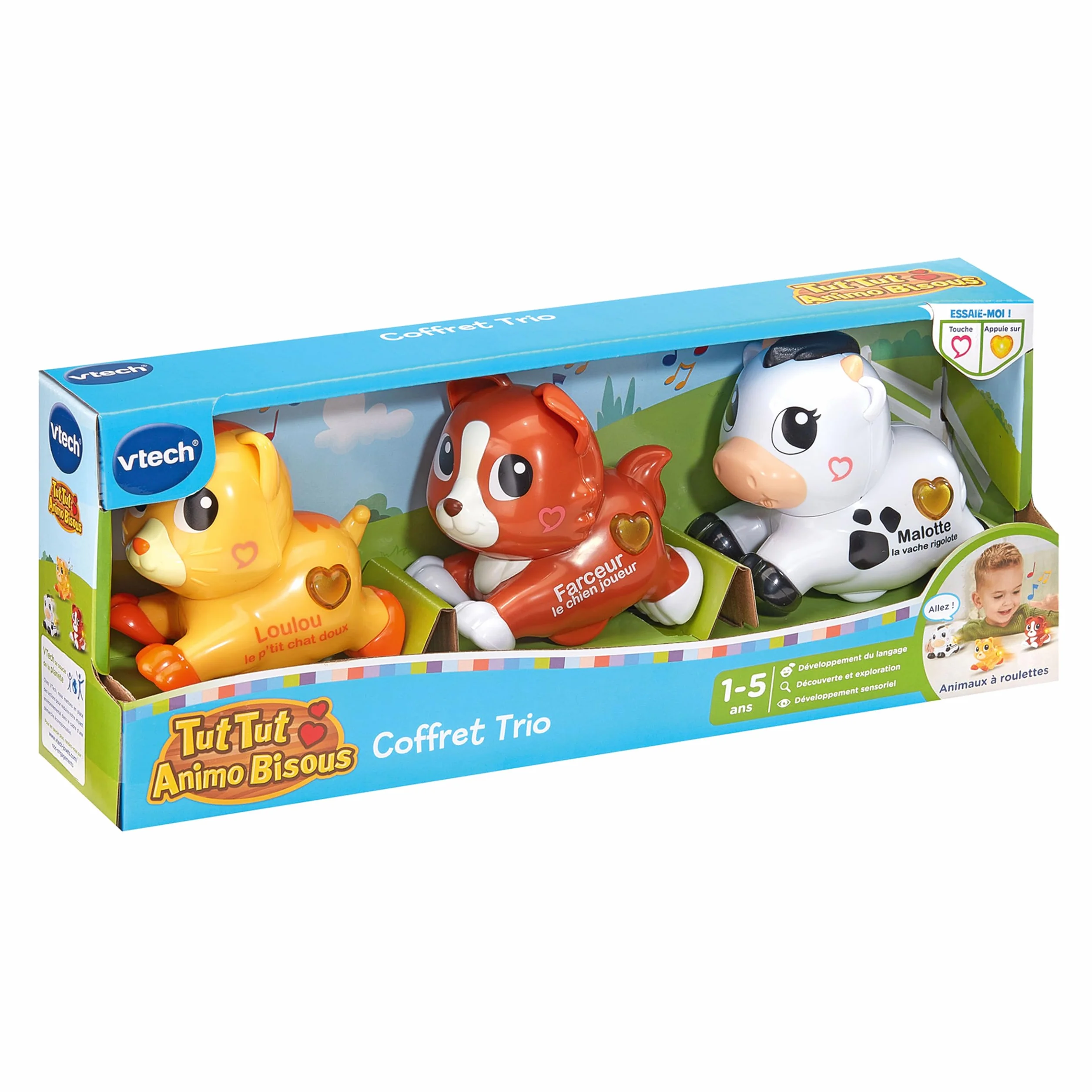 VTech Tut Tut Animo Bisous Coffret Trio 3 Animaux Interactifs à roulettes Chat Chien Vache Jouets Musicaux Cadeau Enfant 1-5 Ans