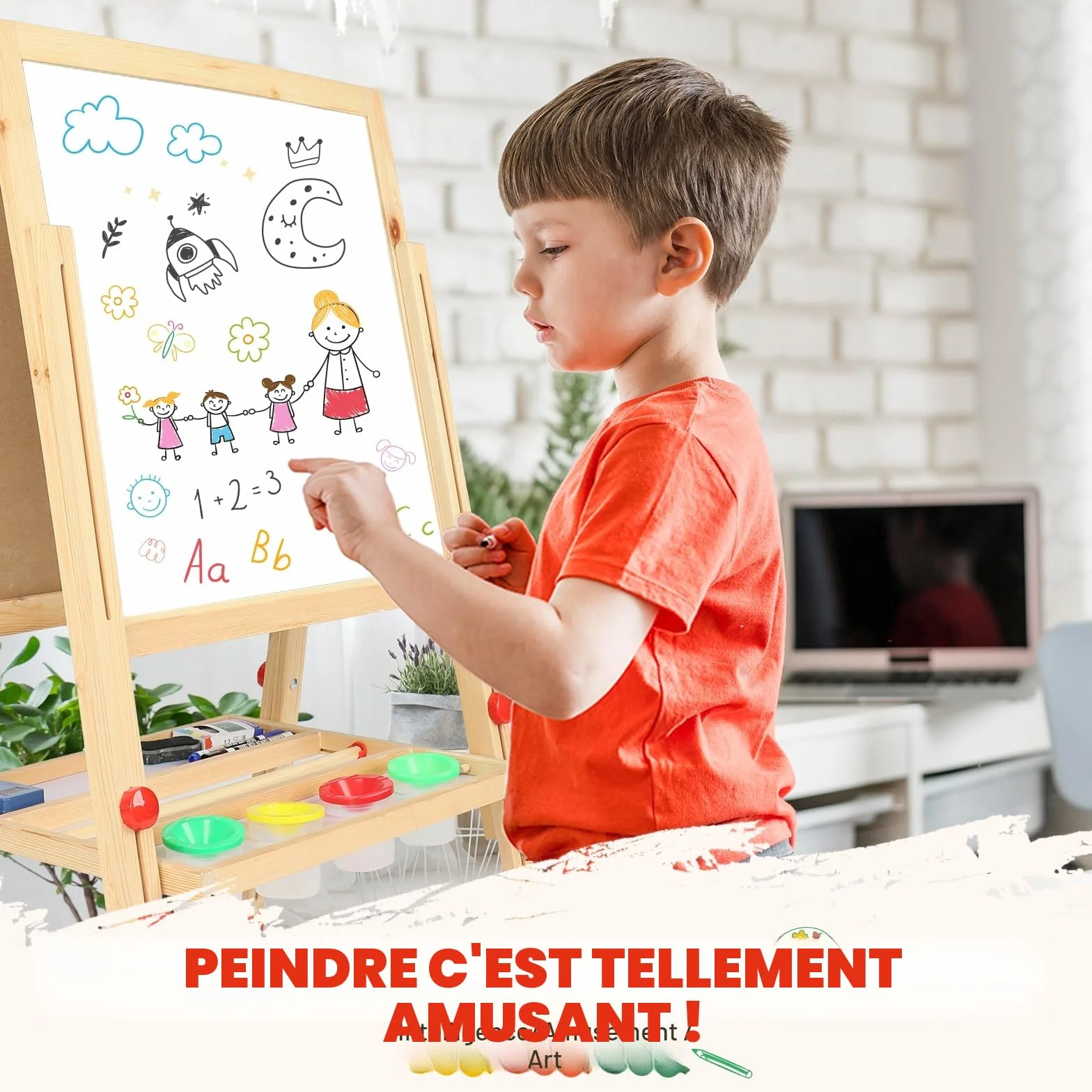 Dripex Tableau Enfant Double Face, Chevalet Bois Réglable Hauteur Tableau Noir et Blanc avec Craie Aimants, Jouet Educatif Créatif pour Garçon Fille 3+ Ans 55x55CM