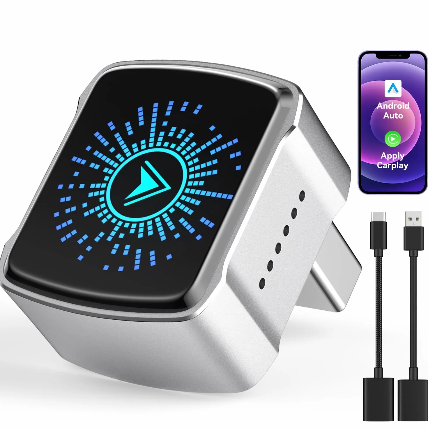 Adaptateur CarPlay sans Fil pour iPhone iOS 12+ Android Auto Compatible Voitures CarPlay Câblé 2016+ USB-A/C Connexion Rapide Stable Argent