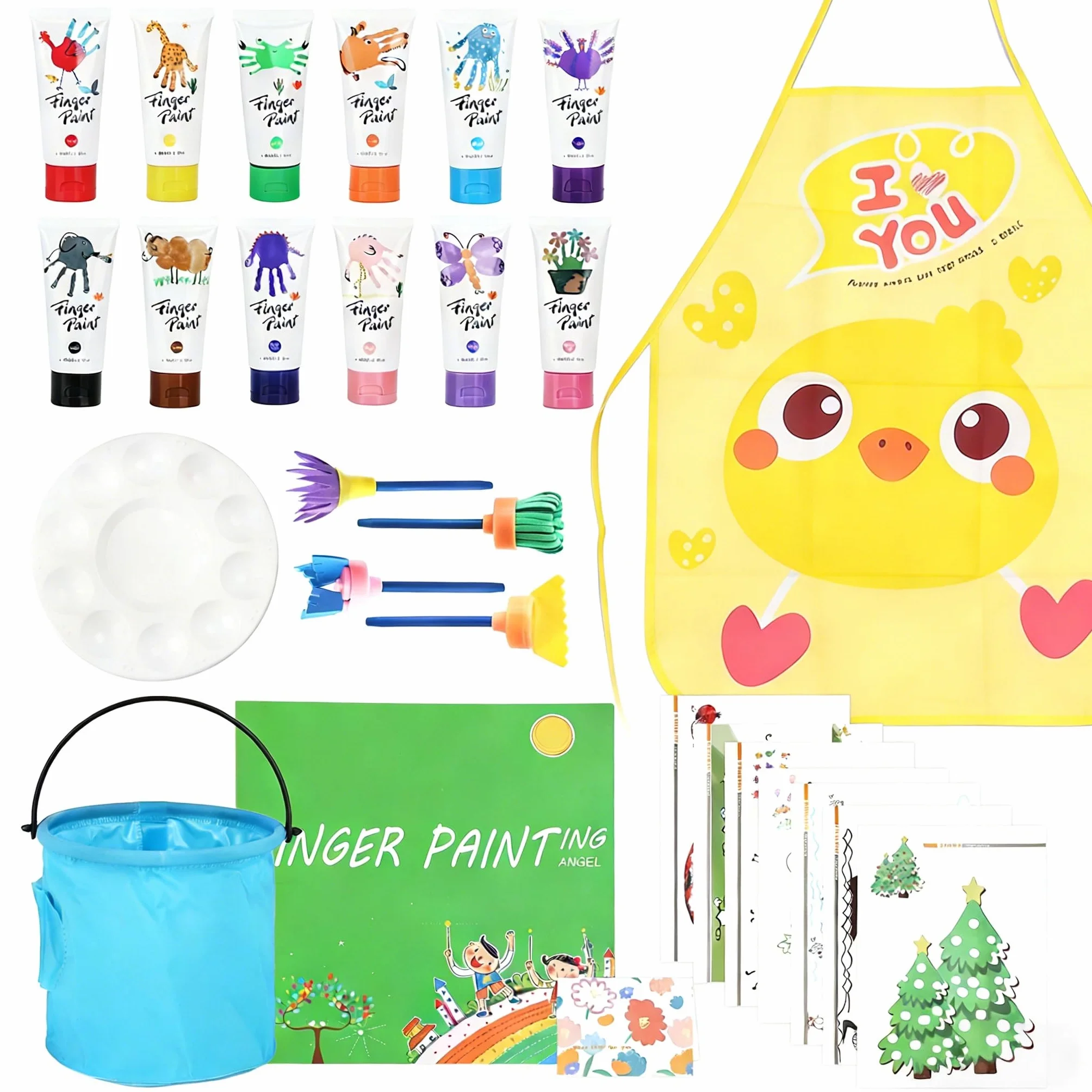 USHOP Kit Peinture au Doigt Lavable Enfants 51Pcs Non Toxique 12 Couleurs avec Pinceaux Palette Tablier