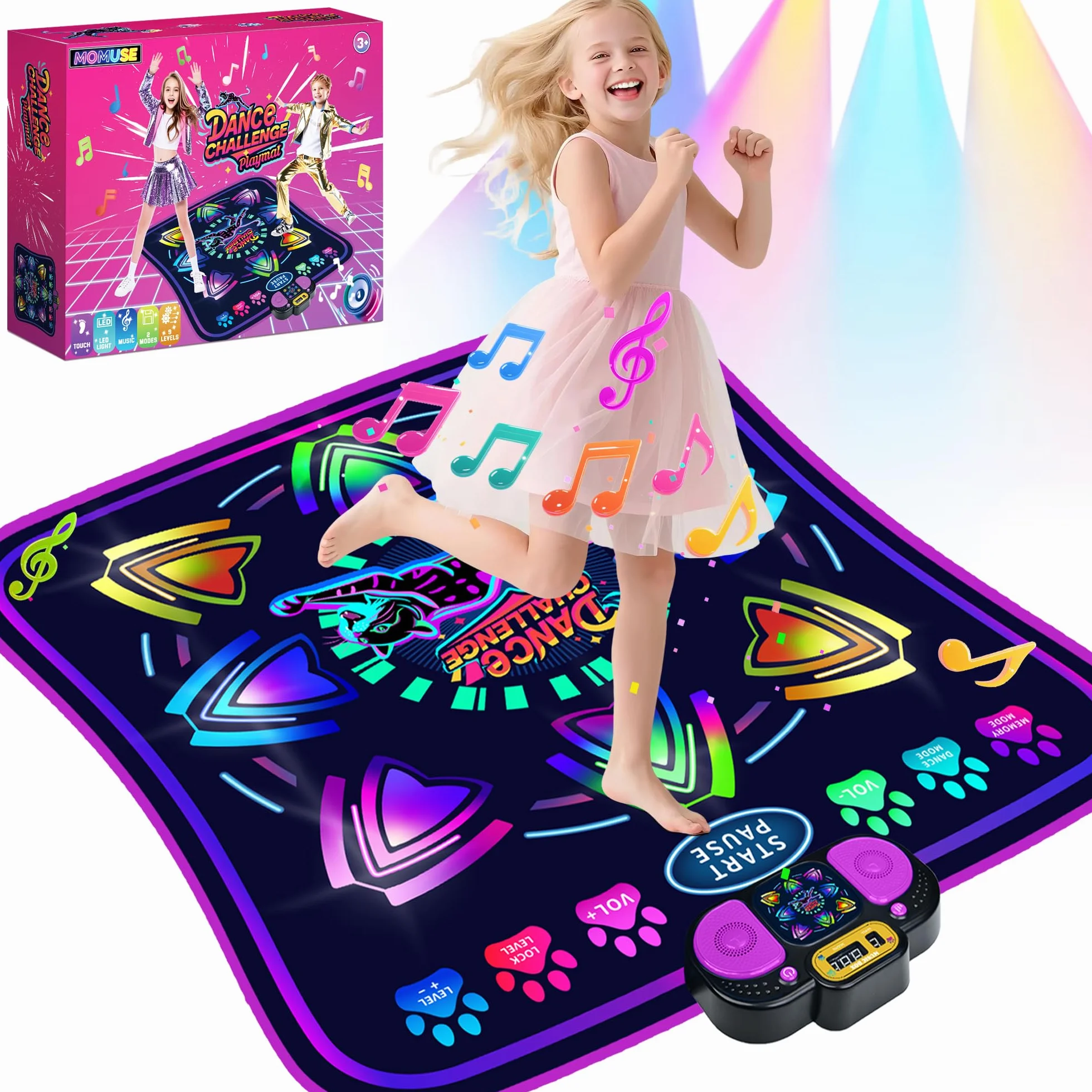 MOMUSE Tapis de Danse pour Enfants 3-8 Ans, Tapis Musical LED, 2 Modes, 9 Niveaux, Cadeau Noël Garçons Filles