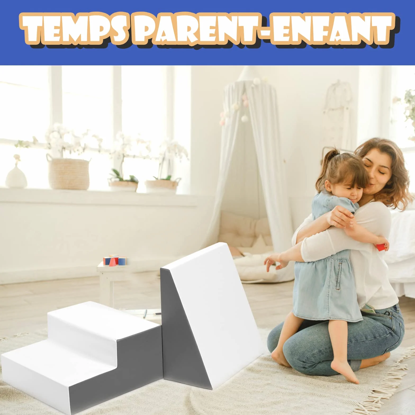 DREAMADE Modules de Motricité pour Enfant, Blocs de Construction en Mousse avec Escalier et Toboggan, Jouets Éducatifs 3+ Ans (Blanc, Gris)