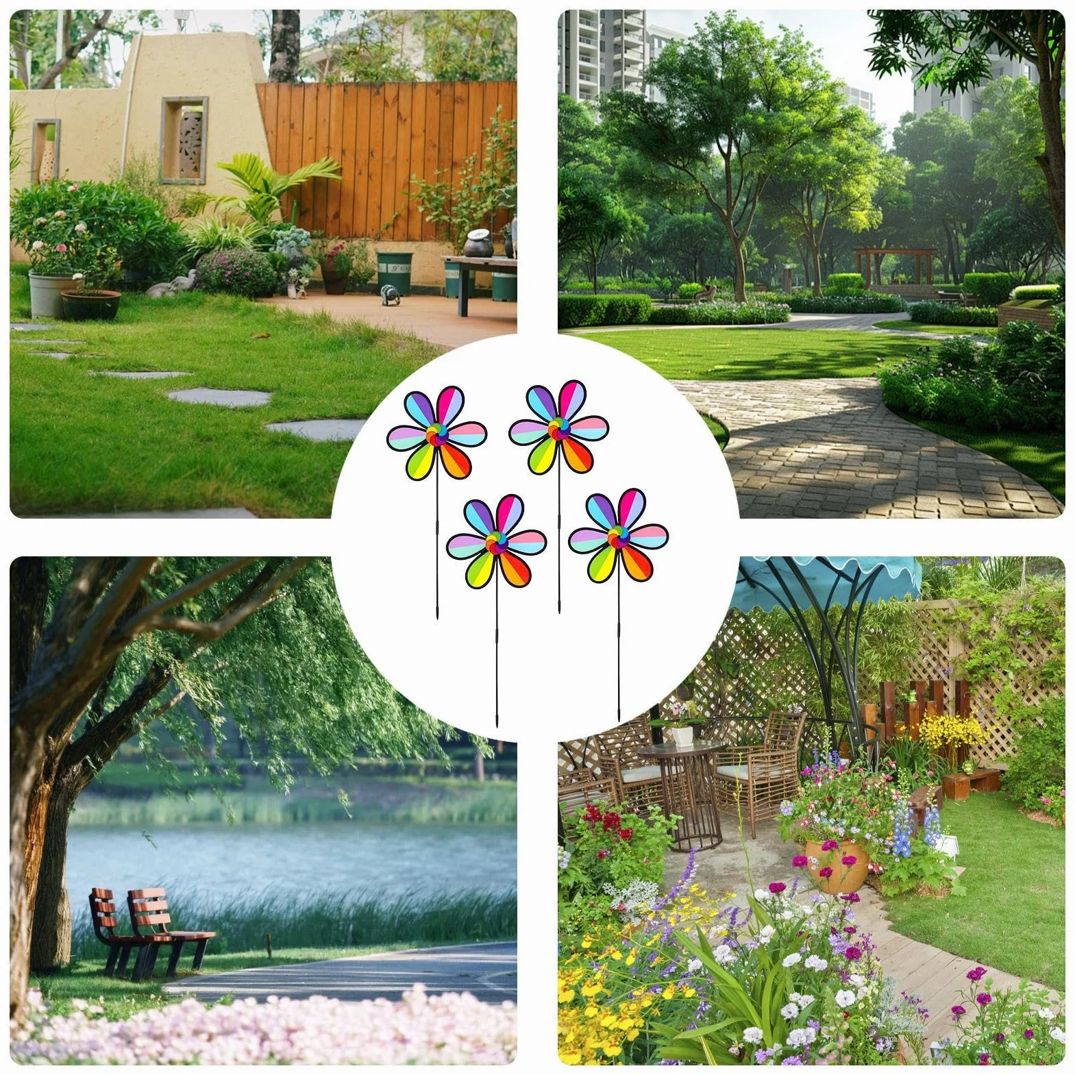 Lot de 4 moulins à vent d'extérieur en forme de pétale – Résistants aux intempéries, décoration jardin patio terrasse