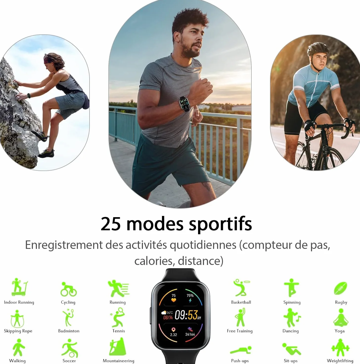 Smart Watch 1,91" HD Montre Connectée IP68 Moniteur Cardiaque 100+ Sports Podomètre Android iOS