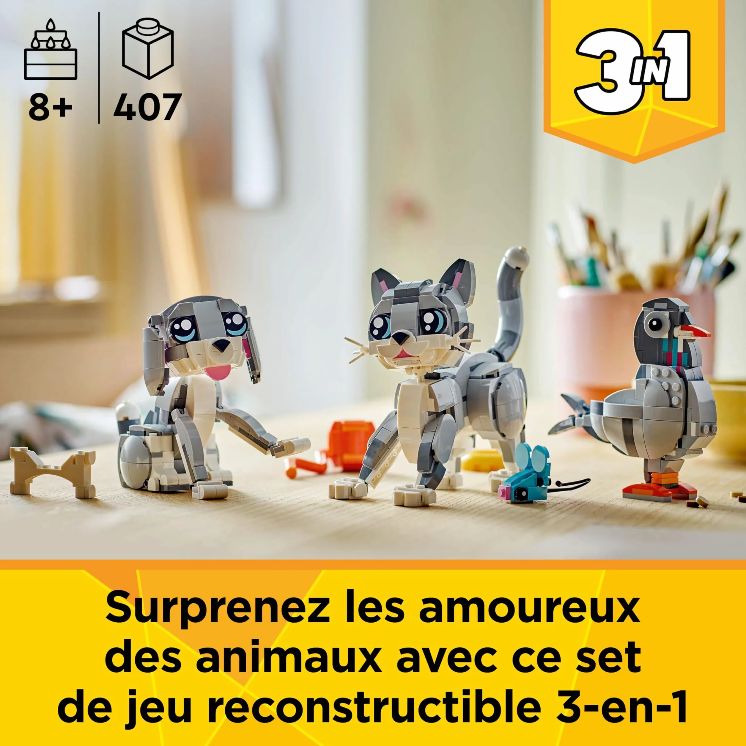 LEGO Creator 3-en-1 Le Chat Joueur 31163 Figurine Animal Transformable Chien Pigeon Cadeau Enfant 8 Ans