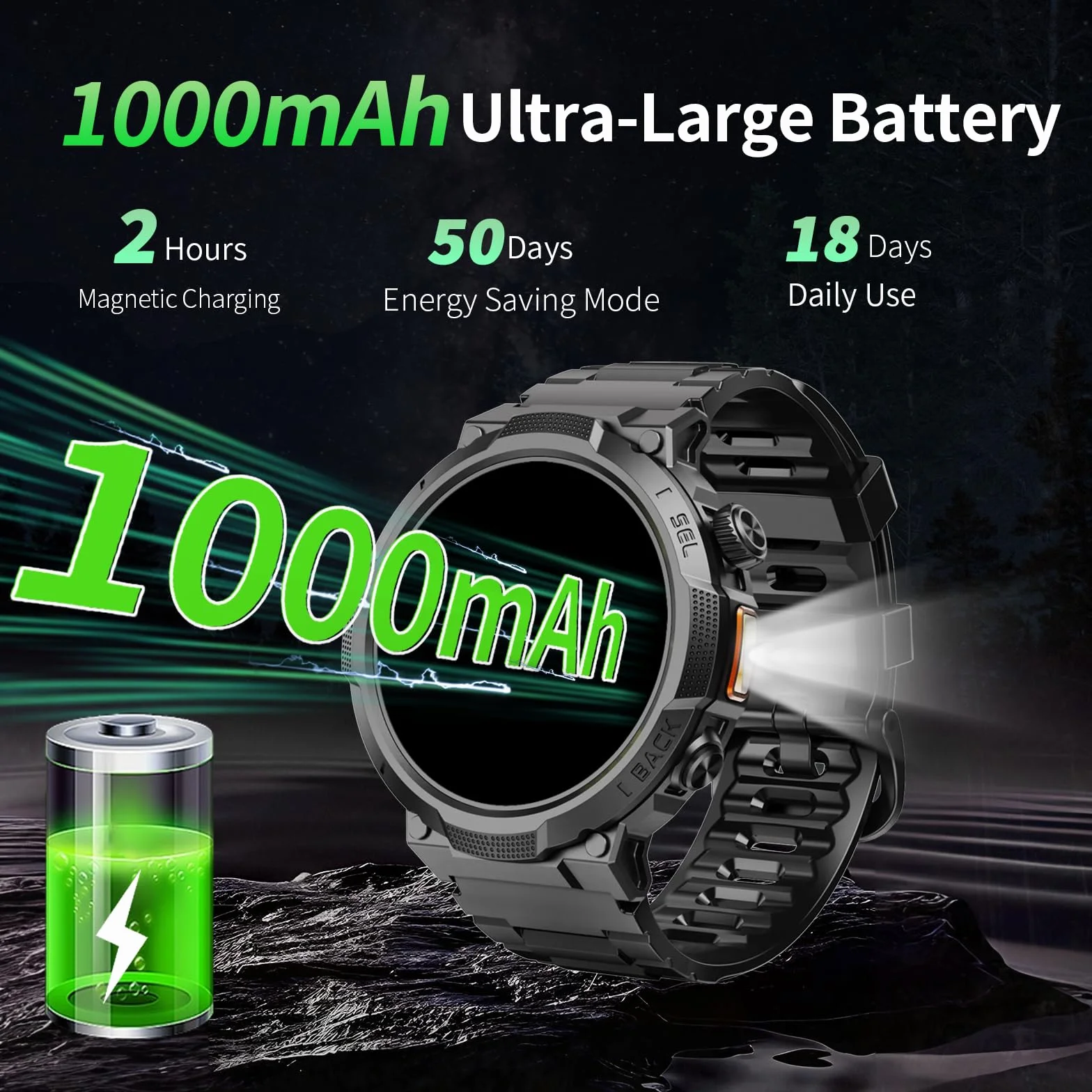 Soudorv Montre Connectée Homme Militaire Smartwatch LED Lampe 1000mAh 1.53" HD Appels Bluetooth Fréquence Cardiaque Sommeil Etanche IP68 Noir
