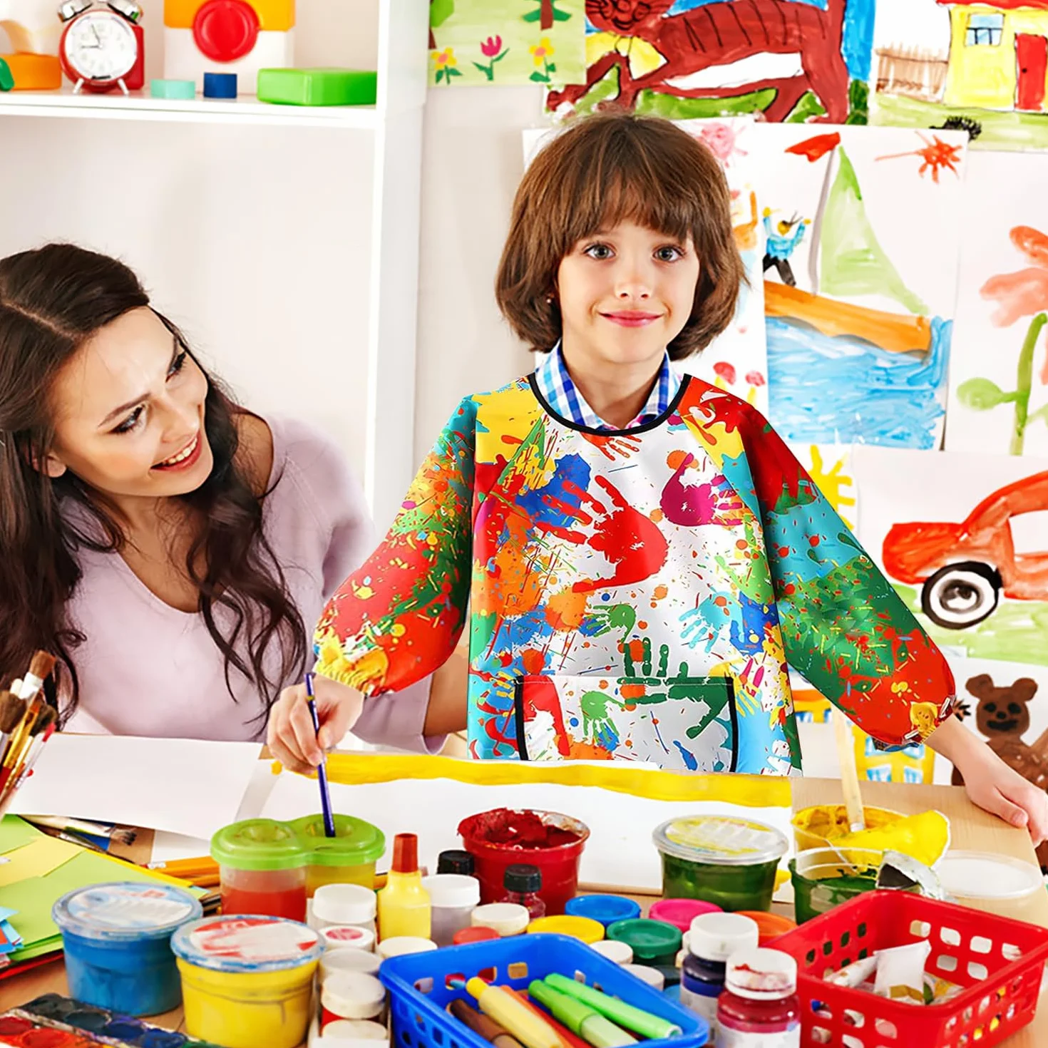 Tablier Peinture Enfant Imperméable Réutilisable Manche Longue pour Peinture Cuisine Filles Garçons
