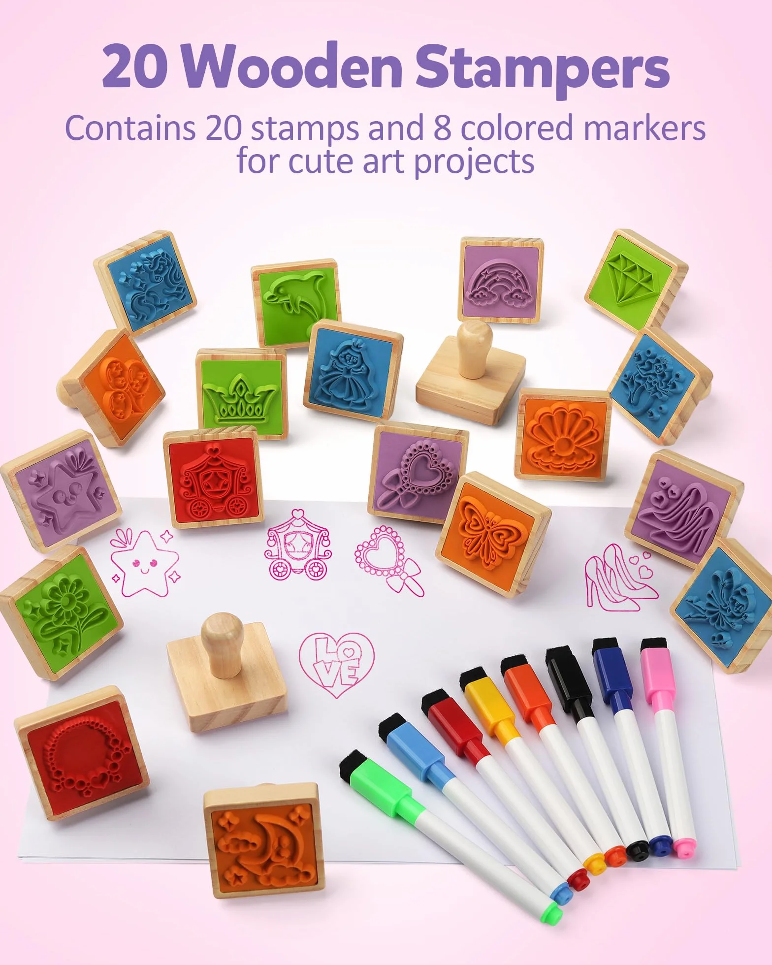 Coogam Lot de 20 tampons en bois licorne papillon sirène marqueurs loisirs créatifs jouet fête cadeau 3-5 ans
