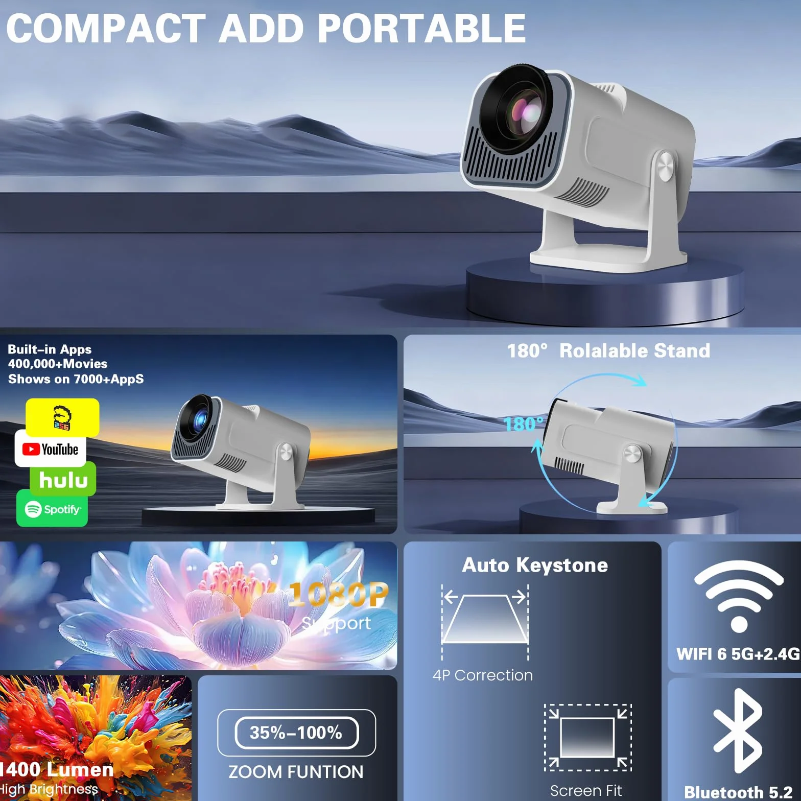 Vidéoprojecteur 4K 1080P Mini Portable WiFi 6 BT 5.4 Full HD Blanc