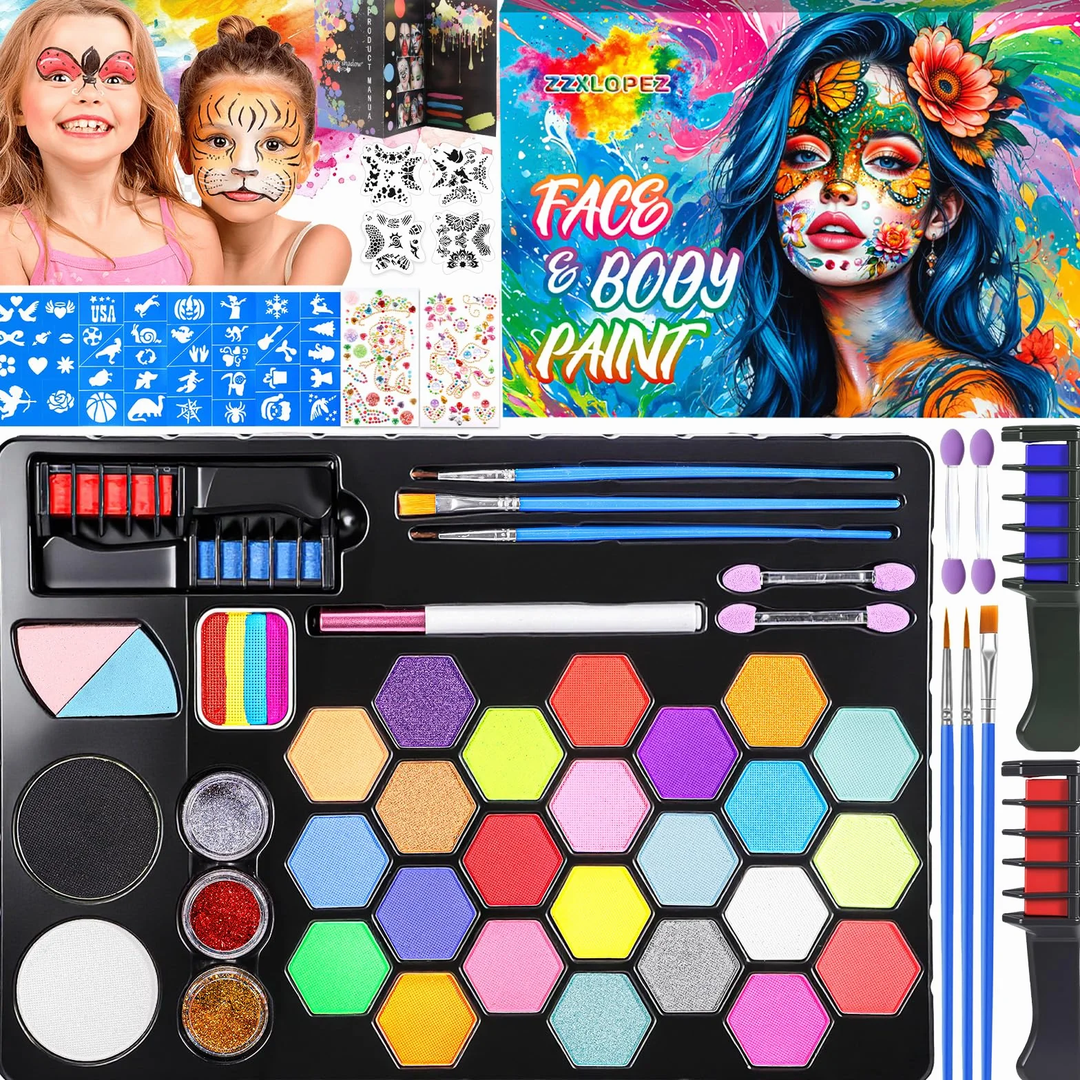 Peinture Corporelle Visage 26 Couleurs Palette Maquillage Enfant avec Pinceaux Pochoirs Autocollants Halloween Noël Carnaval