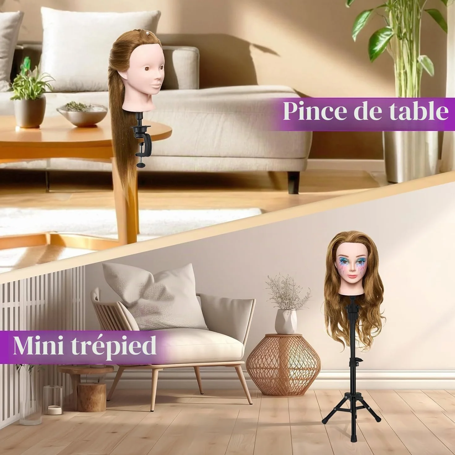 Neverland 24" Tete a Coiffer Professionnelle avec Support Tête de Maquillage 80% Cheveux Naturel Tête de Coiffure