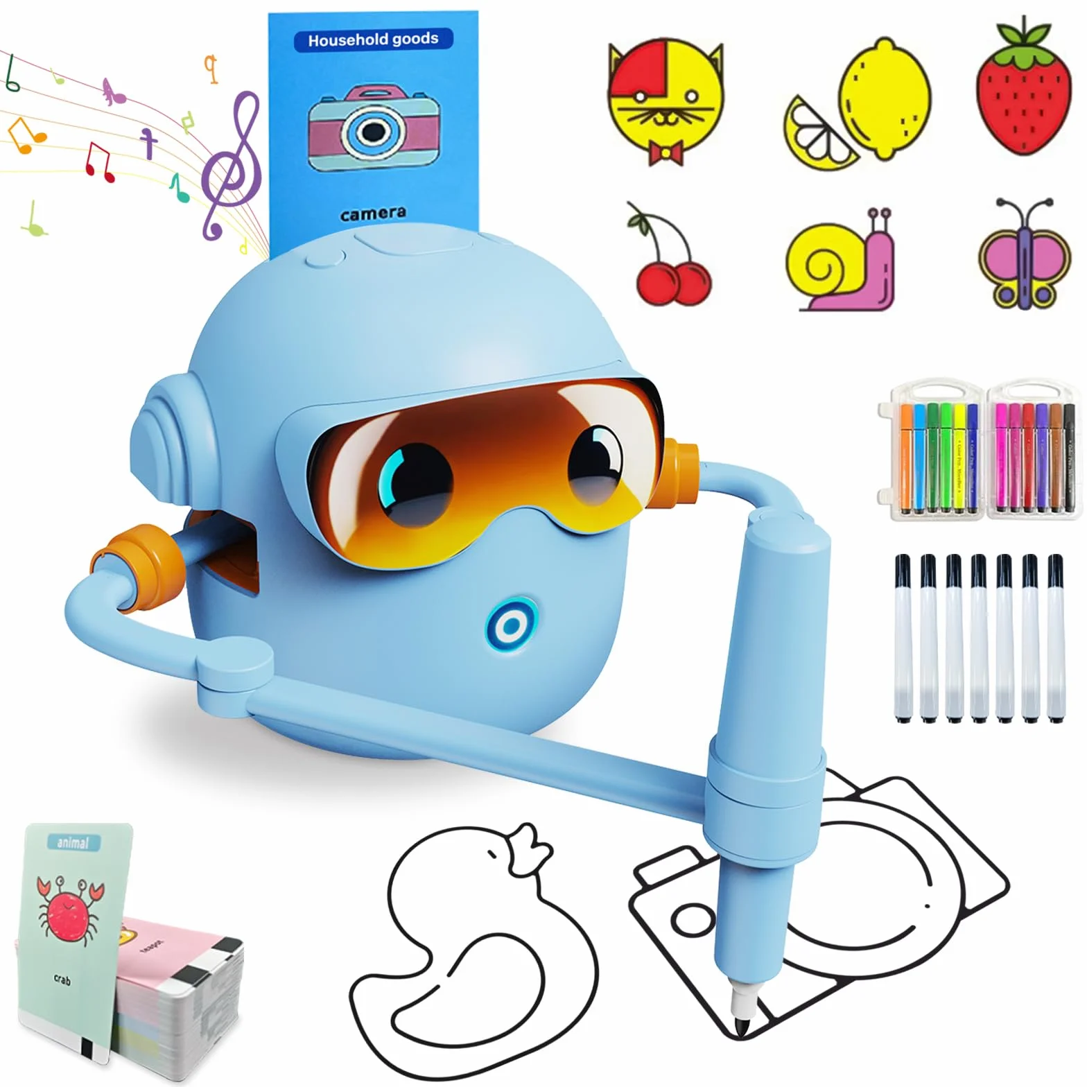 PZCC Robot de Dessin pour Enfants Jouet Éducatif Interactif 100 Cartes Dessin Guide Vocal 12 Feutres Colorés Batterie USB-C Cadeau Filles Garçons 3-9 Ans Bleu