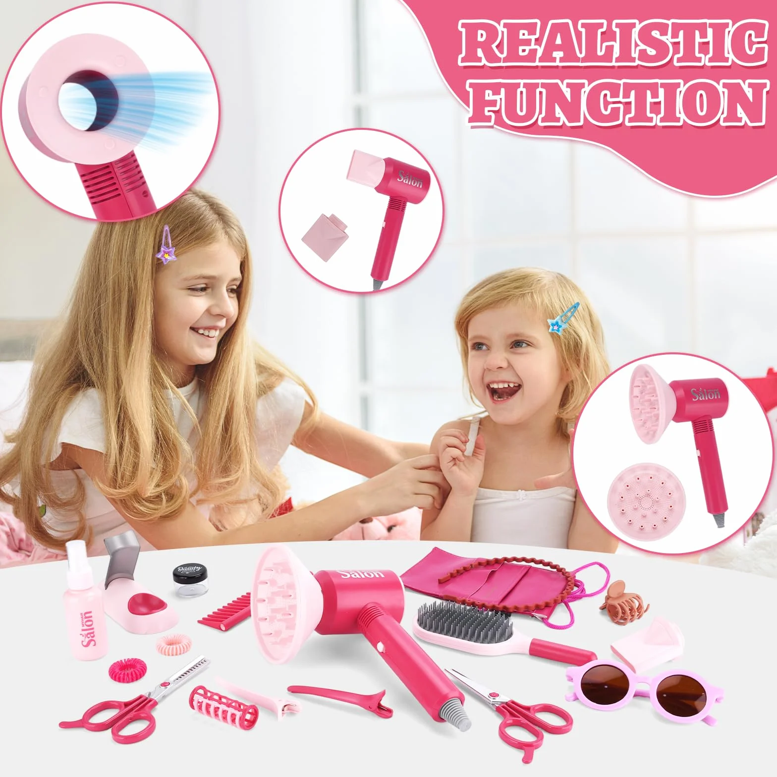 Ensemble de Salon de Beauté 25 Pièces Jouets de Coiffure pour Filles 3-7 Ans Rose