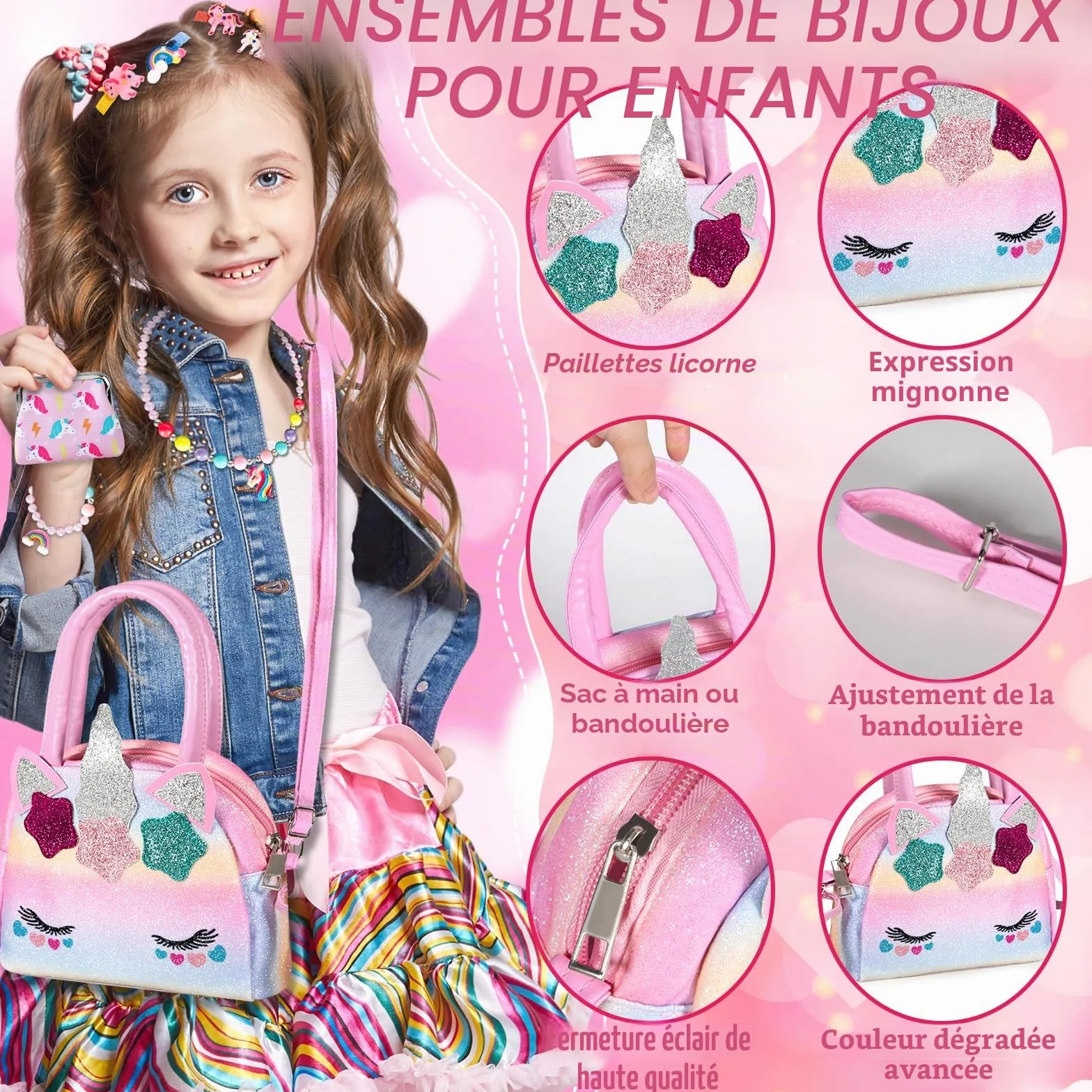 Licorne Sac à Main Bijoux Enfants Fille, Bagues, Boucles d'oreilles, Colliers, Bracelets, Épingles à Cheveux pour 1-6 Ans