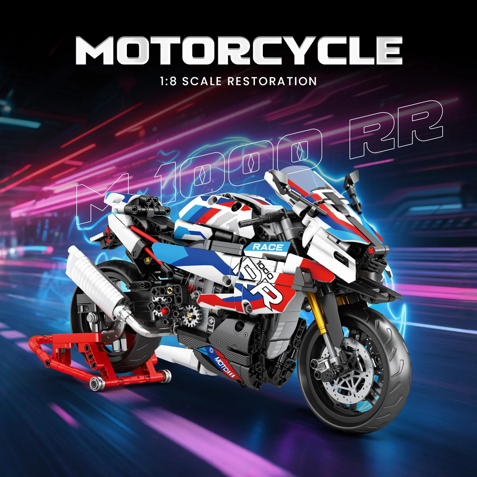 Reobrix Jouet de construction Moto 1000 RR Adultes, Set de briques Technics 1:8, 99040 Modèle de super-moto avec support (949 pièces)
