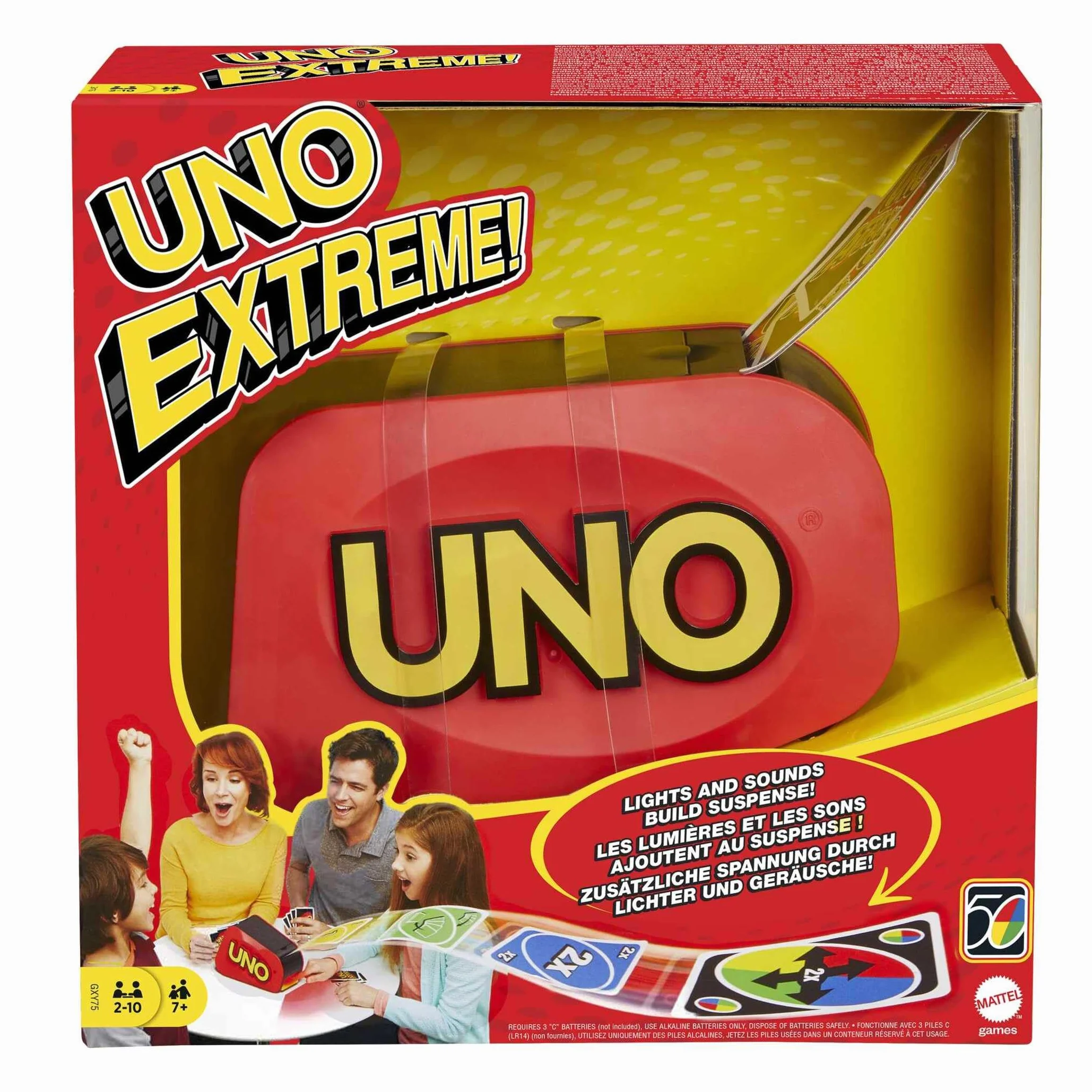 Mattel Games UNO Extreme Jeu de Cartes avec Distributeur Aléatoire Lumière et Son 112 Cartes GXY75